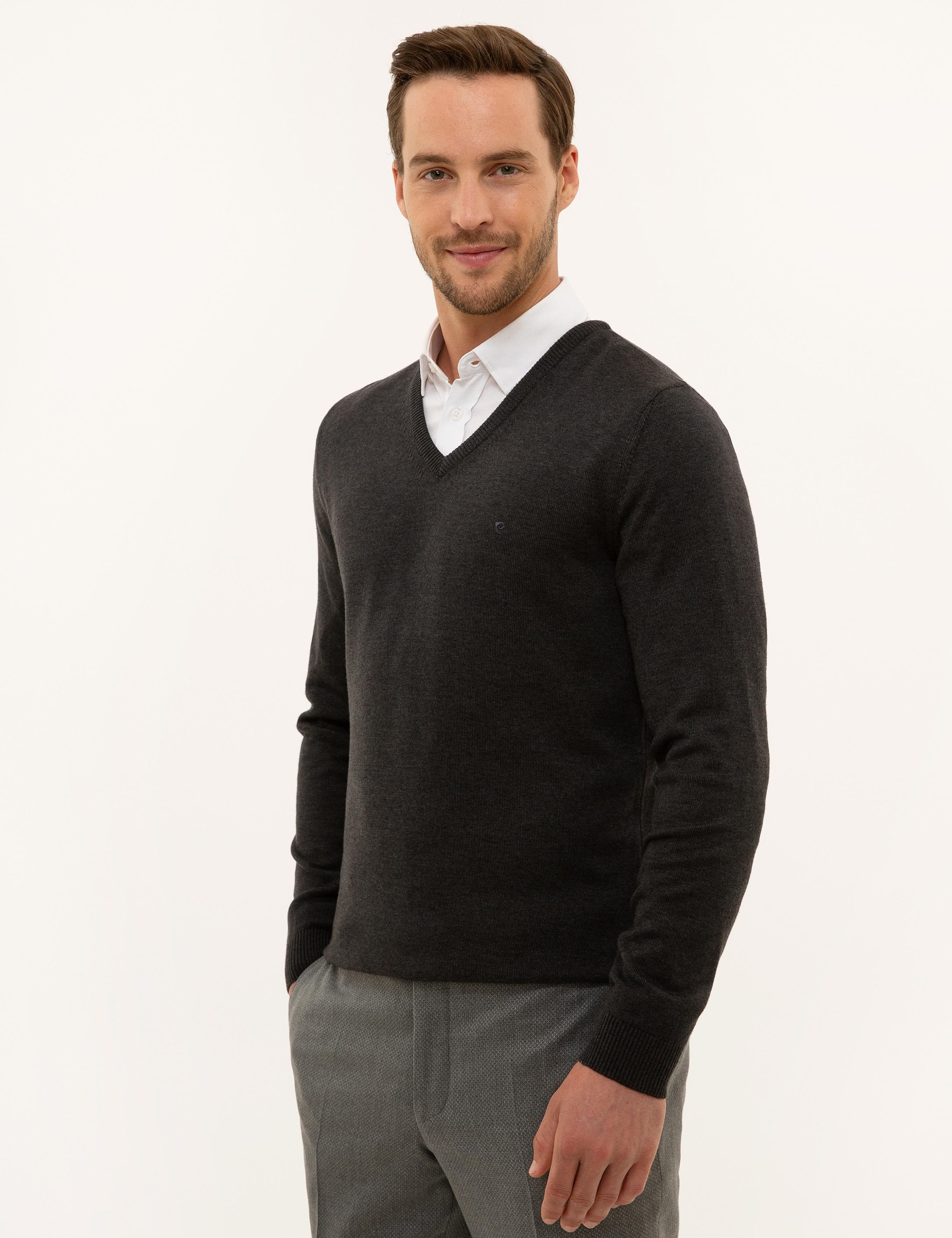 Antrasit Melanj Slim Fit V Yaka Basic Triko Kazak