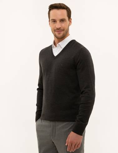 Antrasit Melanj Slim Fit V Yaka Basic Triko Kazak