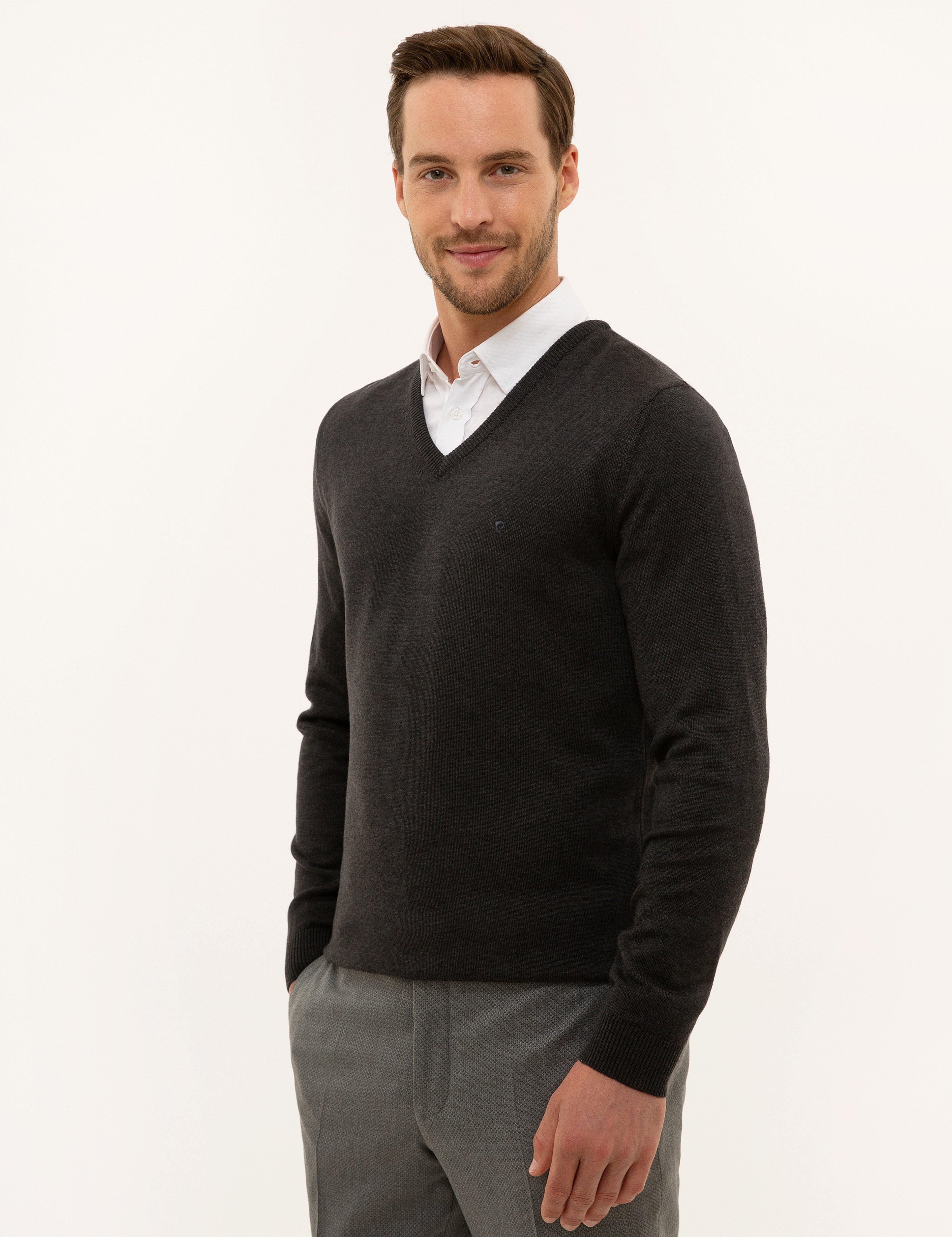 Antrasit Melanj Slim Fit V Yaka Basic Triko Kazak - Image 3