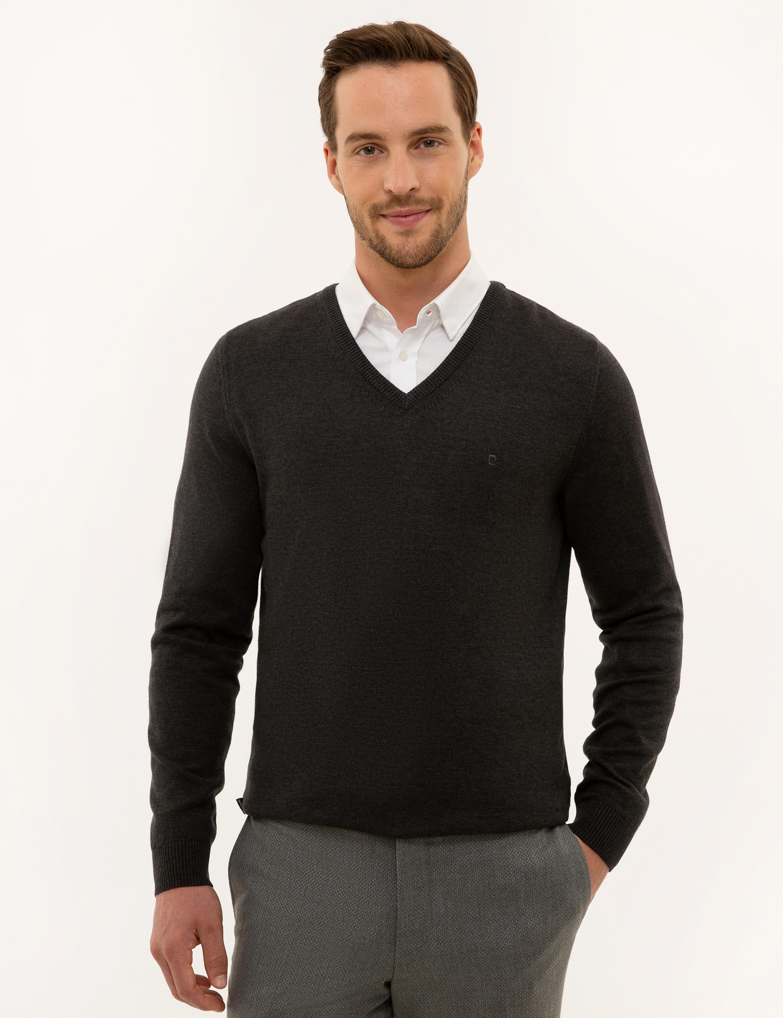 Antrasit Melanj Slim Fit V Yaka Basic Triko Kazak