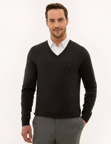 Antrasit Melanj Slim Fit V Yaka Basic Triko Kazak