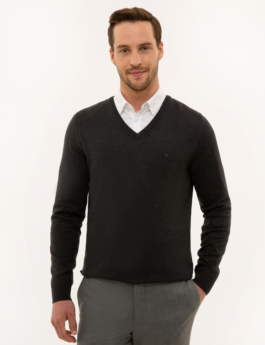 Antrasit Melanj Slim Fit V Yaka Basic Triko Kazak