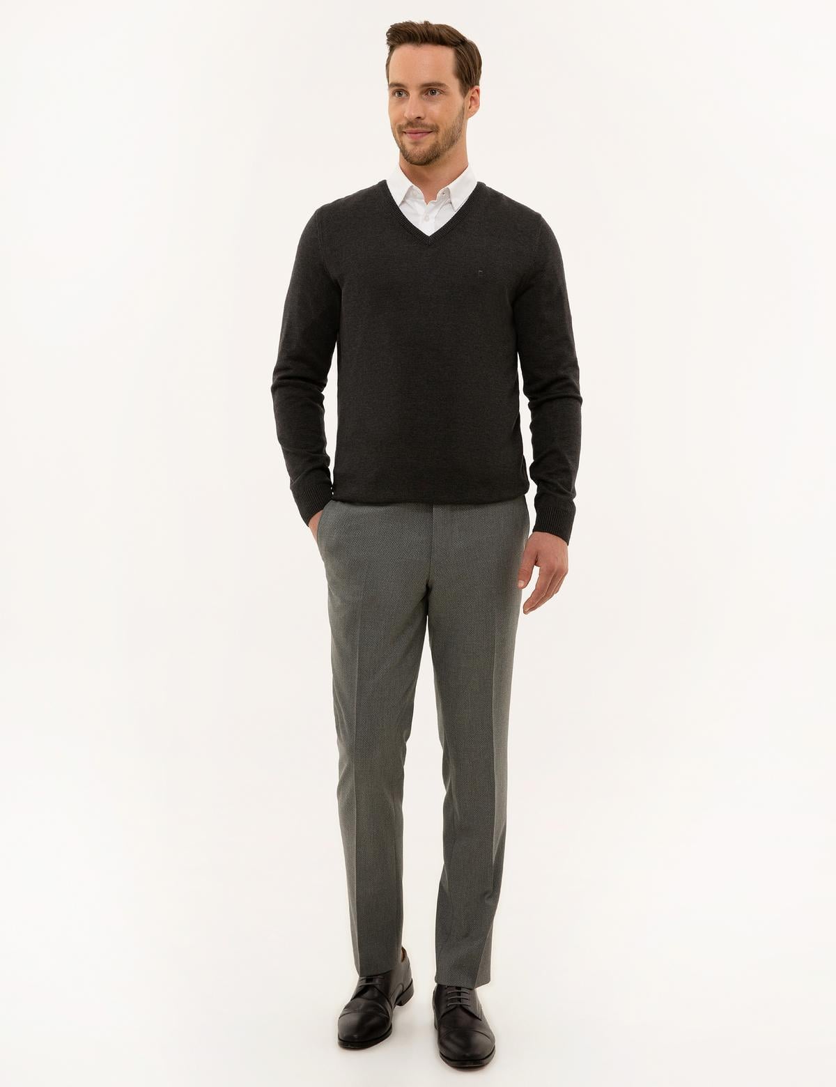 Antrasit Melanj Slim Fit V Yaka Basic Triko Kazak - 50229214017