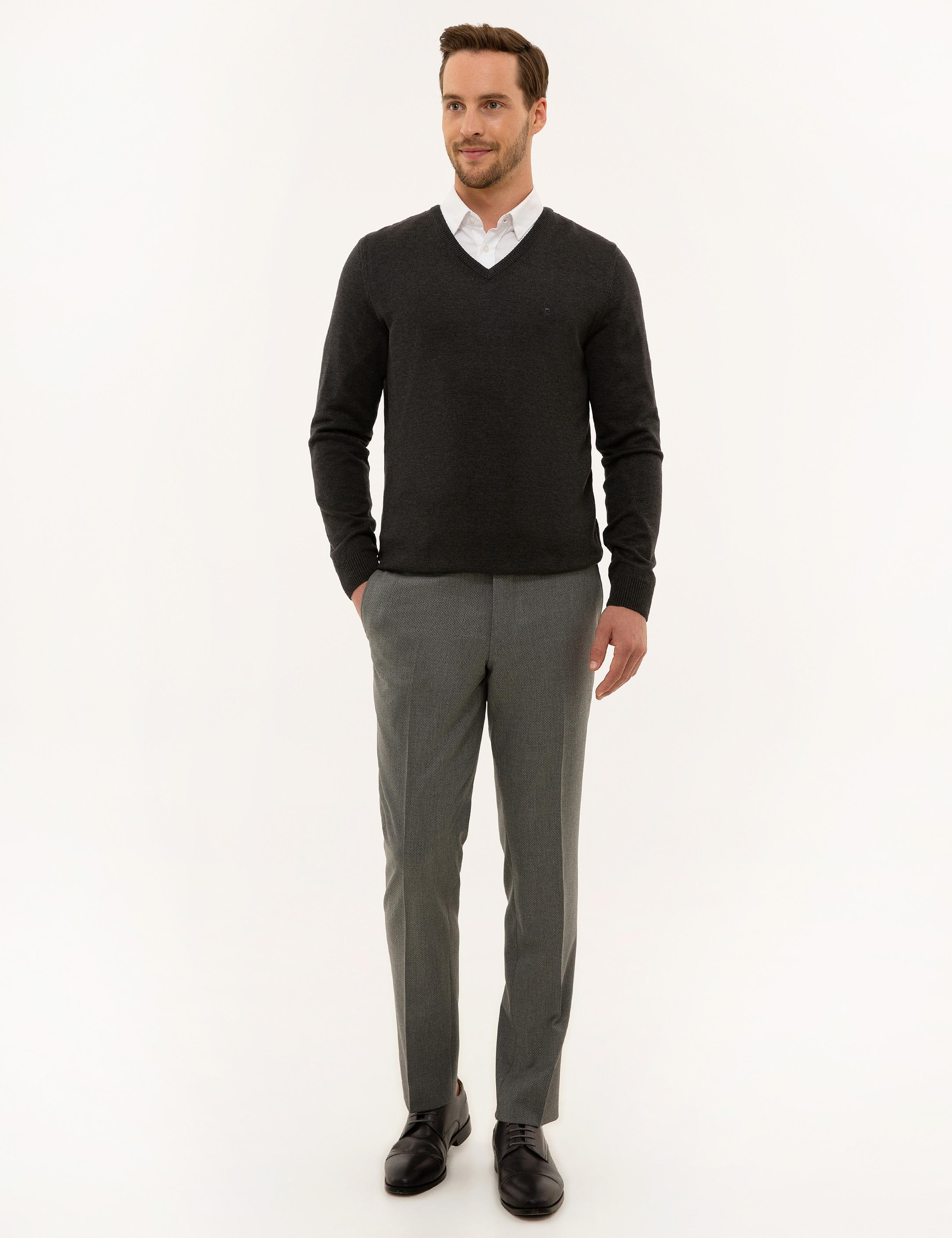 Antrasit Melanj Slim Fit V Yaka Basic Triko Kazak