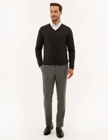 Antrasit Melanj Slim Fit V Yaka Basic Triko Kazak