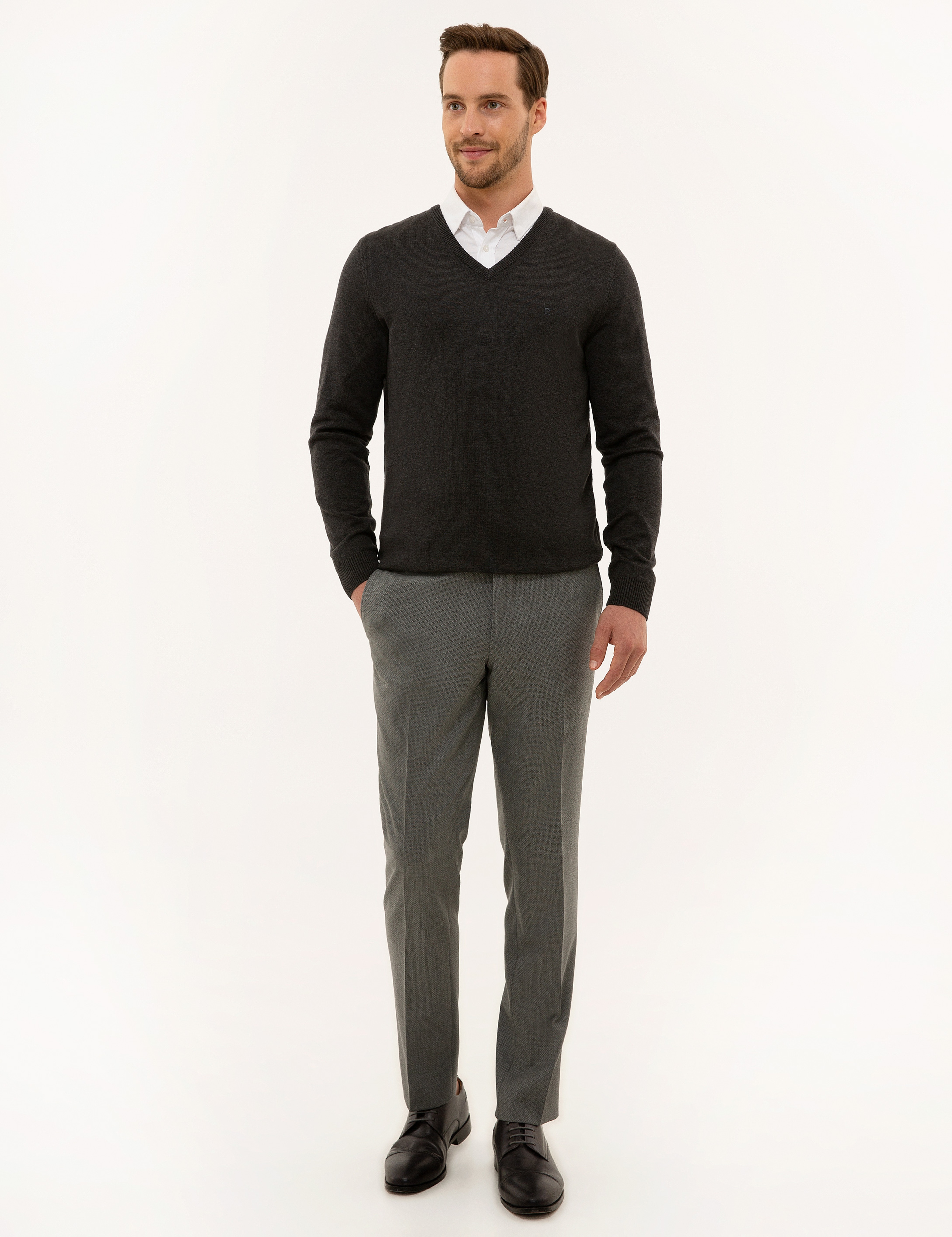Antrasit Melanj Slim Fit V Yaka Basic Triko Kazak - Image 5