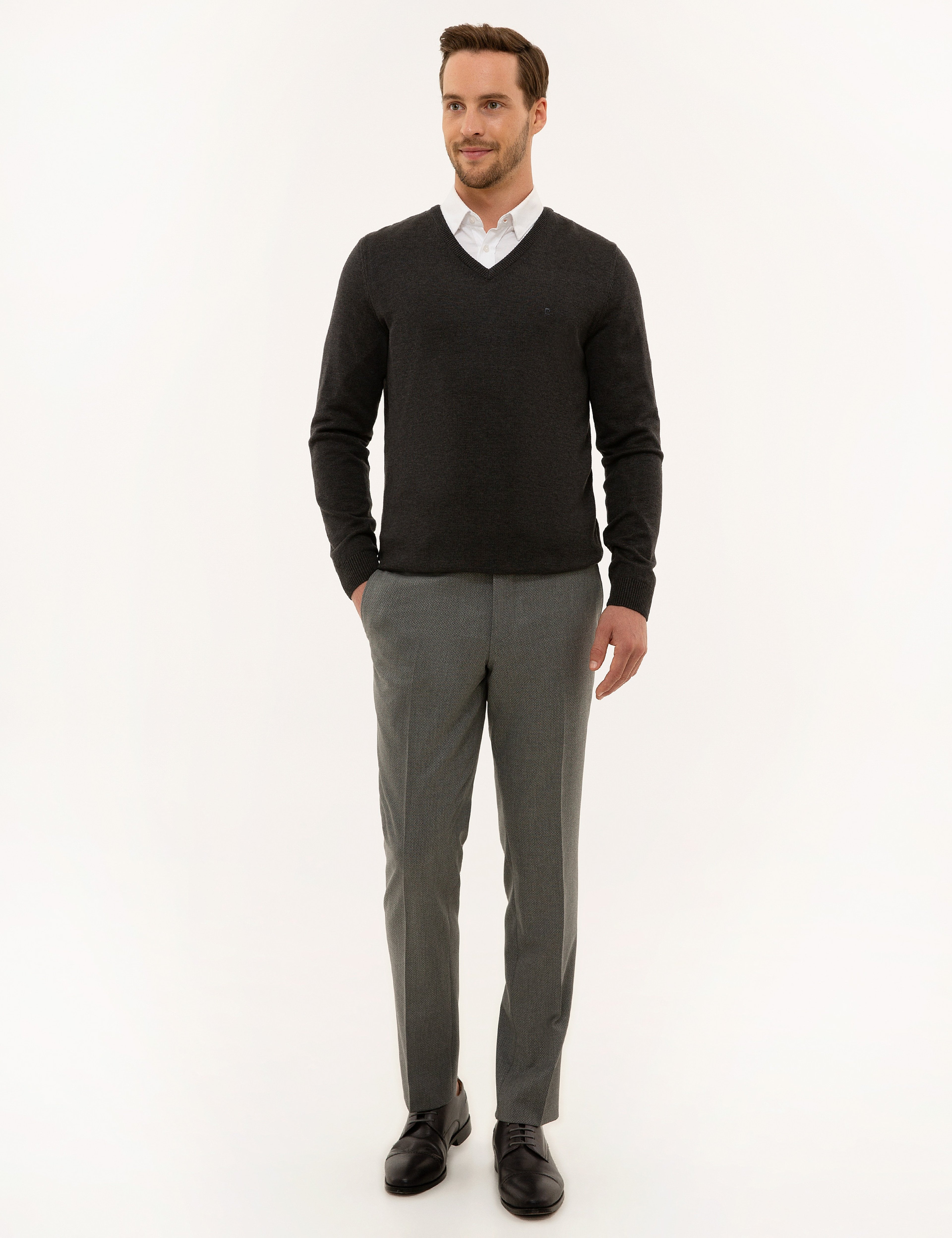 Antrasit Melanj Slim Fit V Yaka Basic Triko Kazak