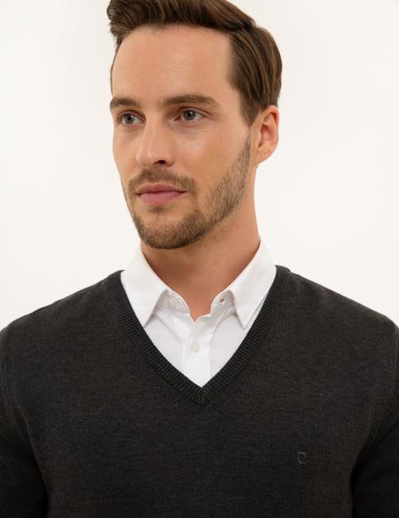 Antrasit Melanj Slim Fit V Yaka Basic Triko Kazak - 50229214017