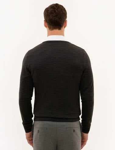 Antrasit Melanj Slim Fit V Yaka Basic Triko Kazak