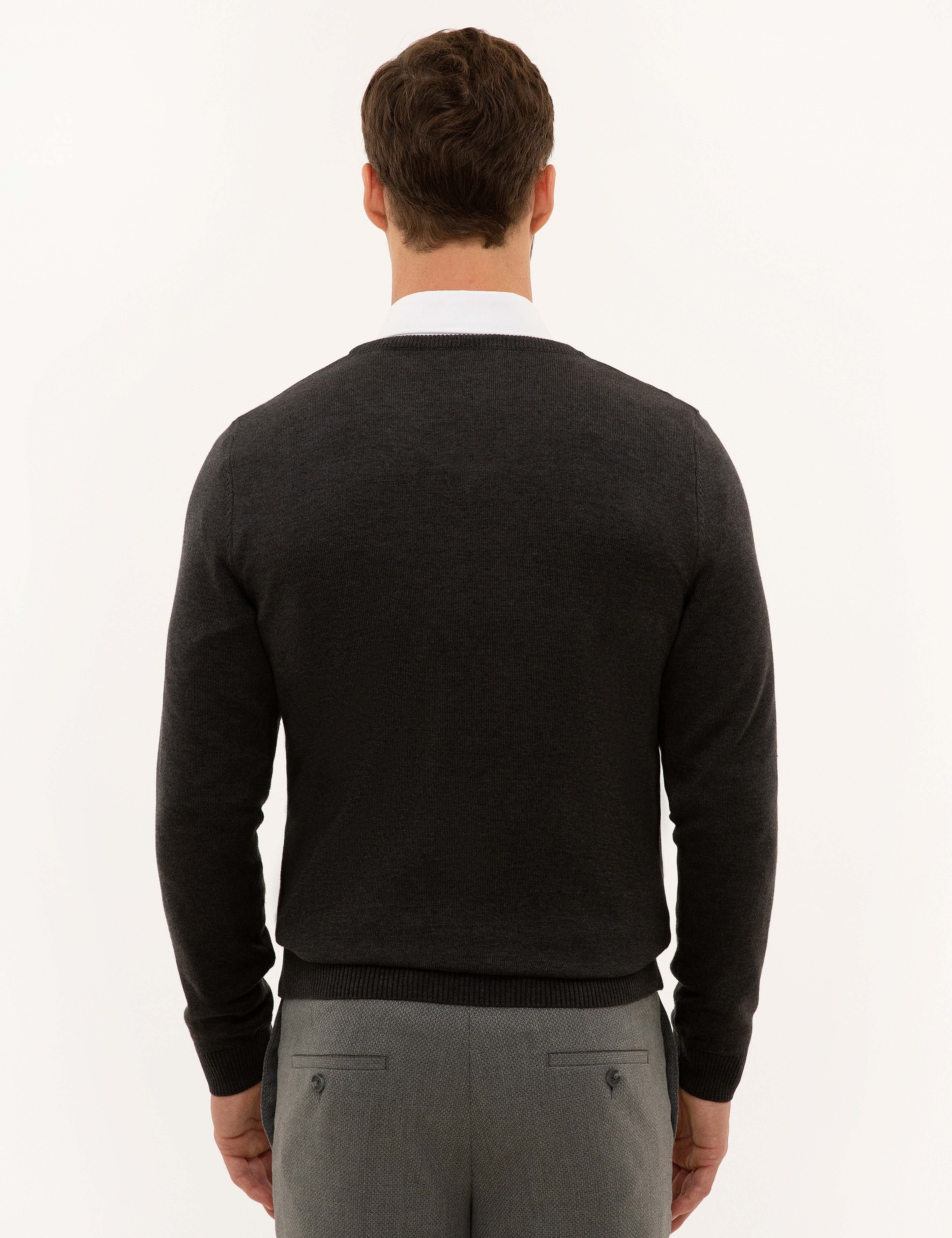 Antrasit Melanj Slim Fit V Yaka Basic Triko Kazak - Image 4