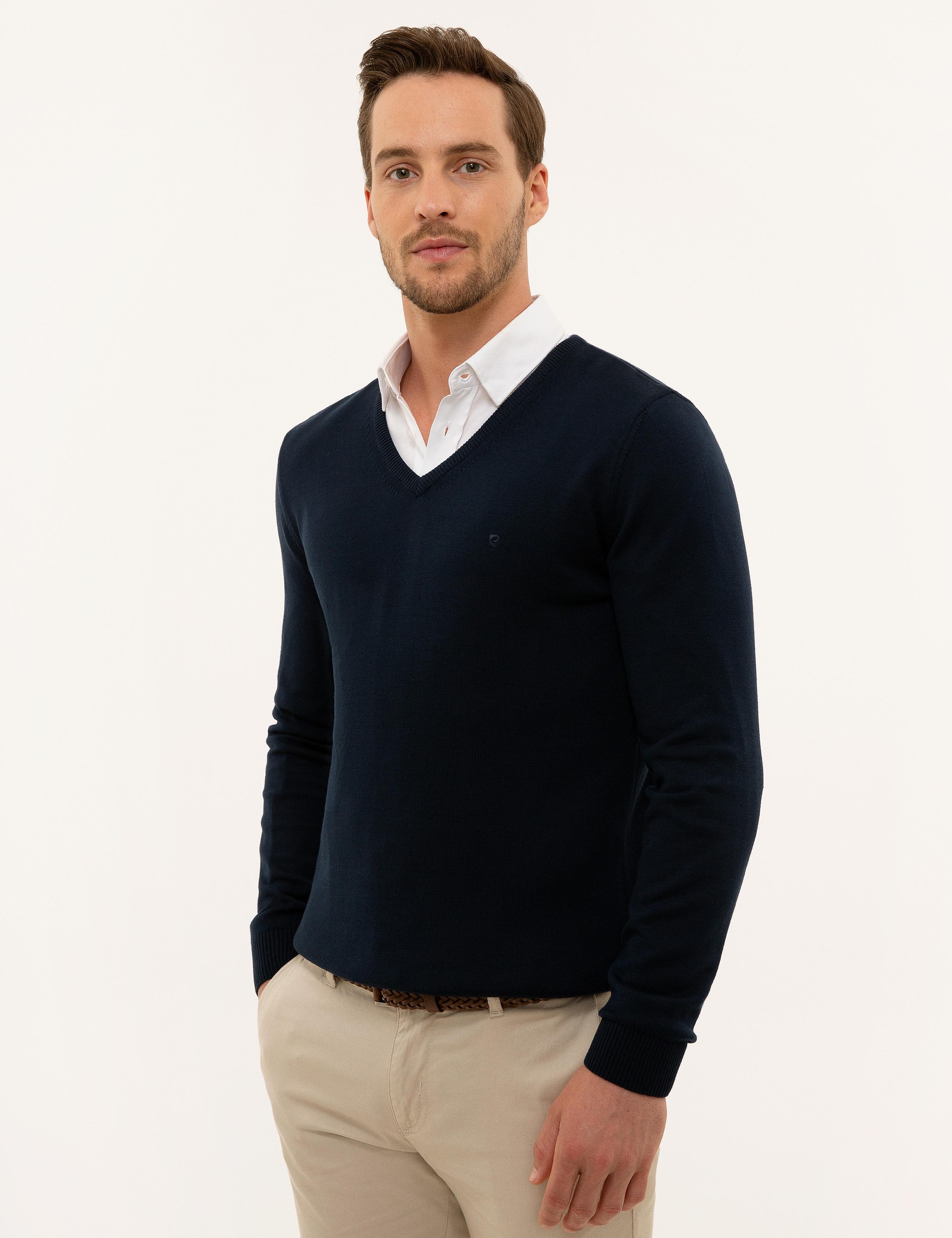 Lacivert Slim Fit V Yaka Basic Triko Kazak