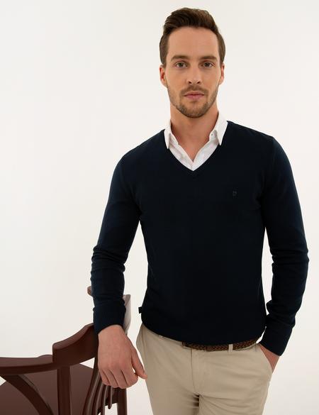 Lacivert Slim Fit V Yaka Basic Triko Kazak - 50229214098