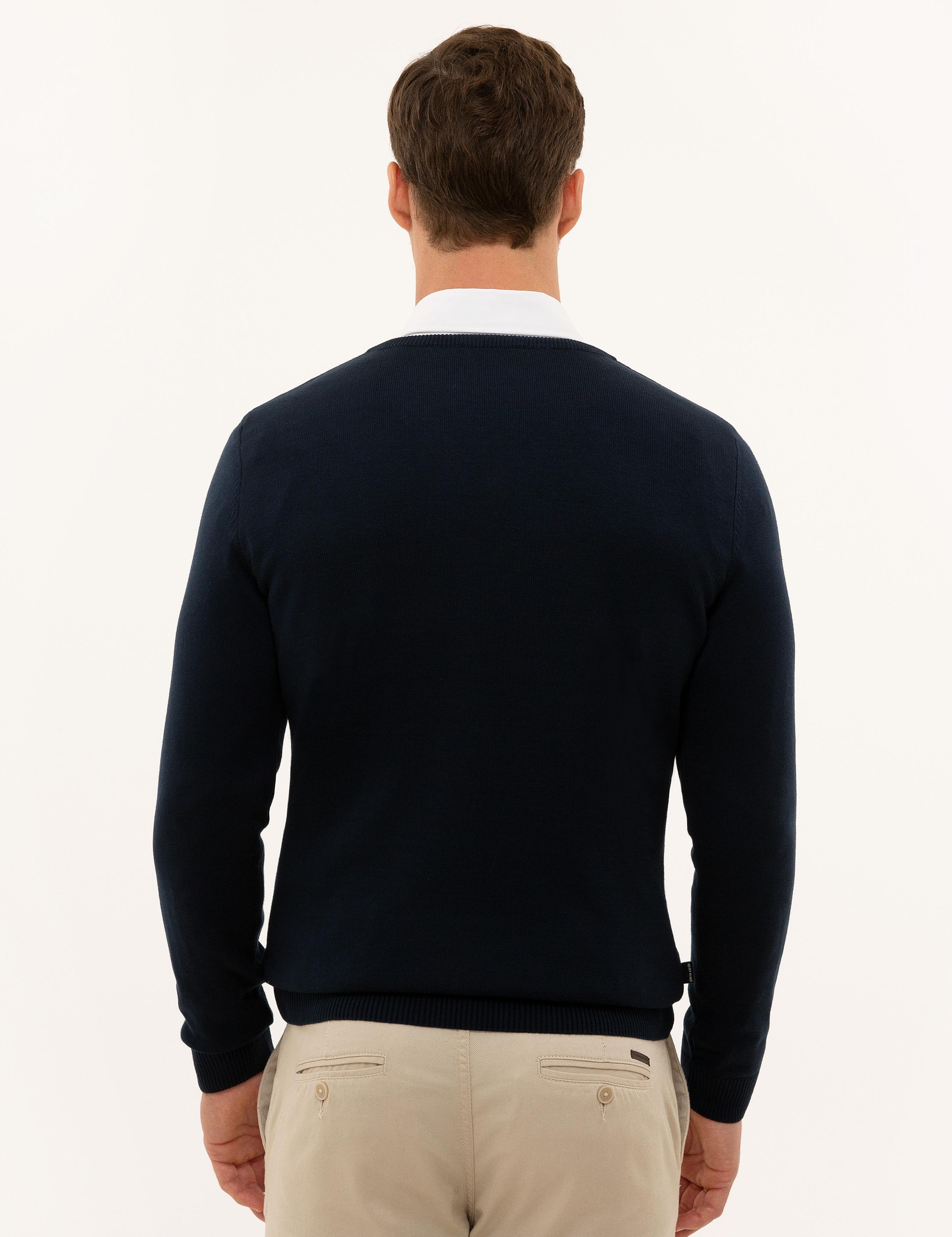 Lacivert Slim Fit V Yaka Basic Triko Kazak