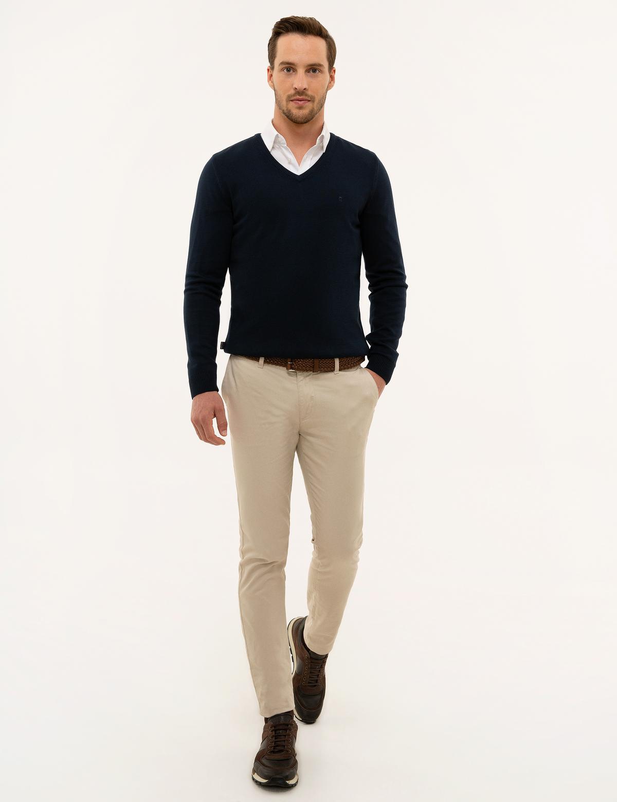 Lacivert Slim Fit V Yaka Basic Triko Kazak - 50229214098