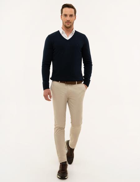 Lacivert Slim Fit V Yaka Basic Triko Kazak - 50229214098