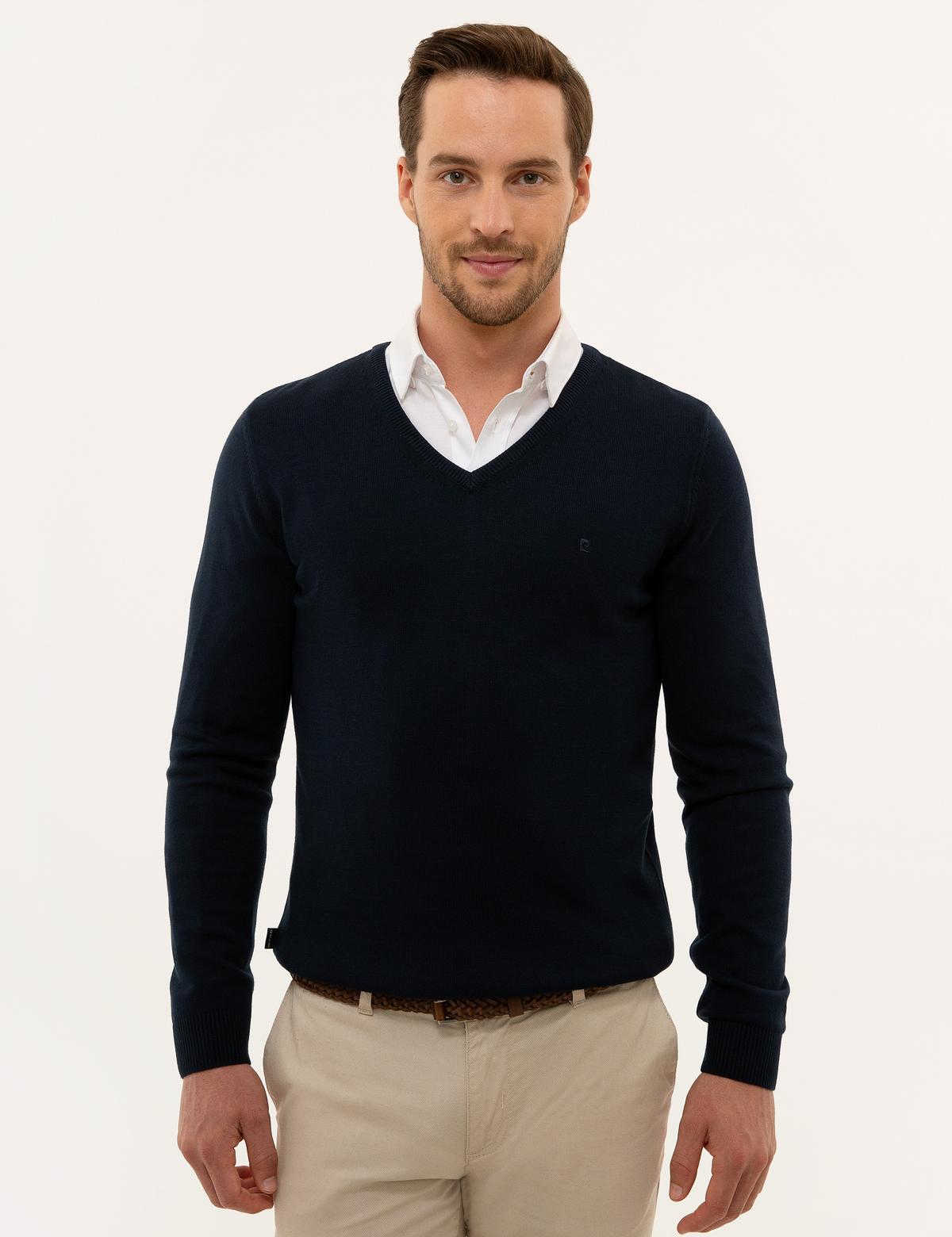 Lacivert Slim Fit V Yaka Basic Triko Kazak - 50229214098