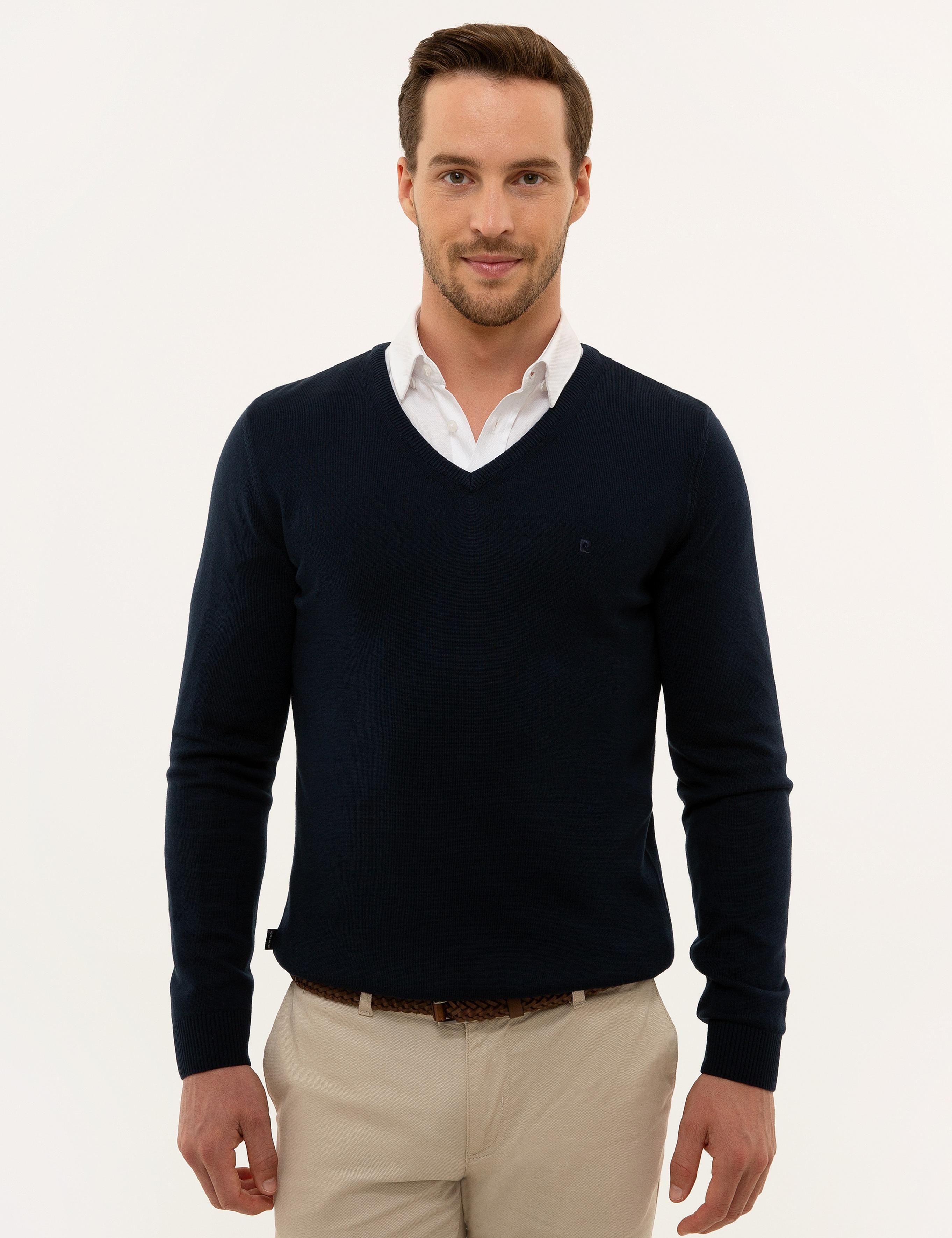 Lacivert Slim Fit V Yaka Basic Triko Kazak