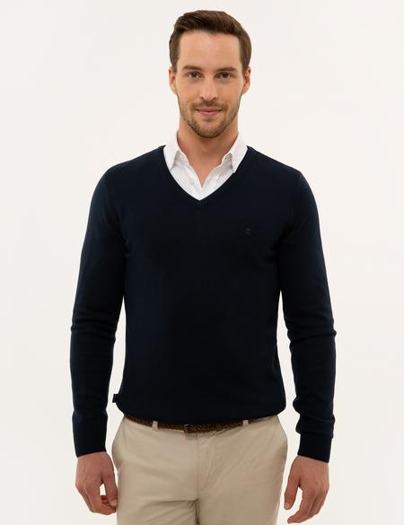 Lacivert Slim Fit V Yaka Basic Triko Kazak - 50229214098