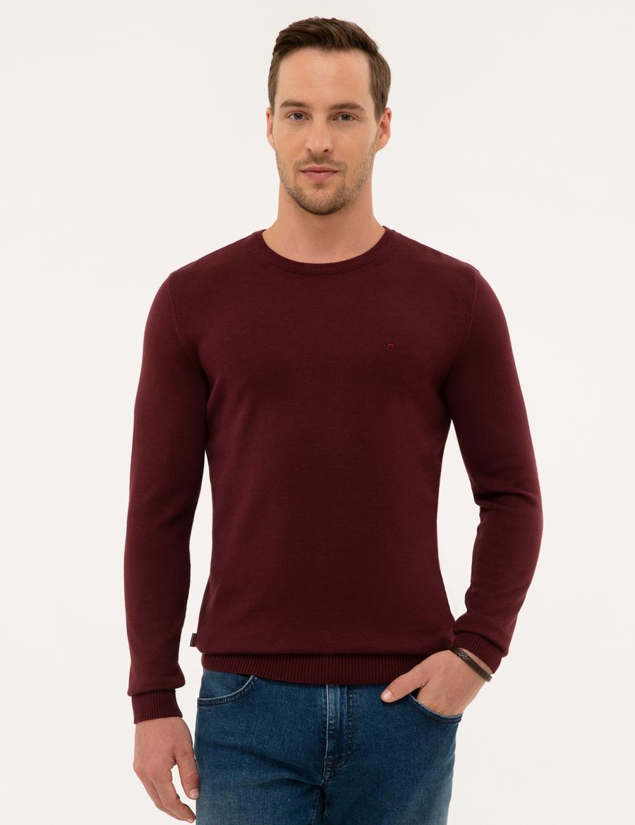 Bordo Slim Fit Bisiklet Yaka Basic Triko Kazak
