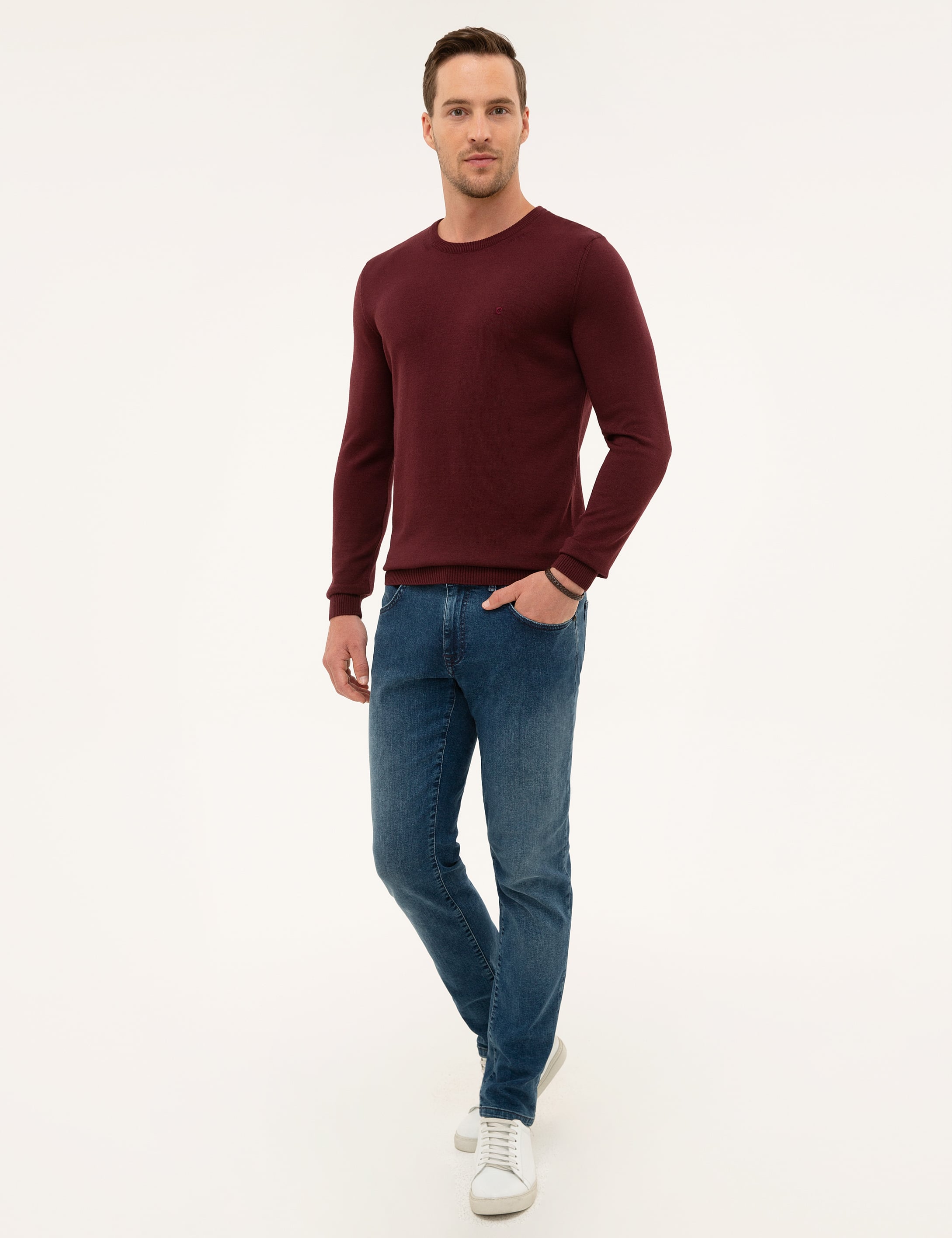 Bordo Slim Fit Bisiklet Yaka Basic Triko Kazak