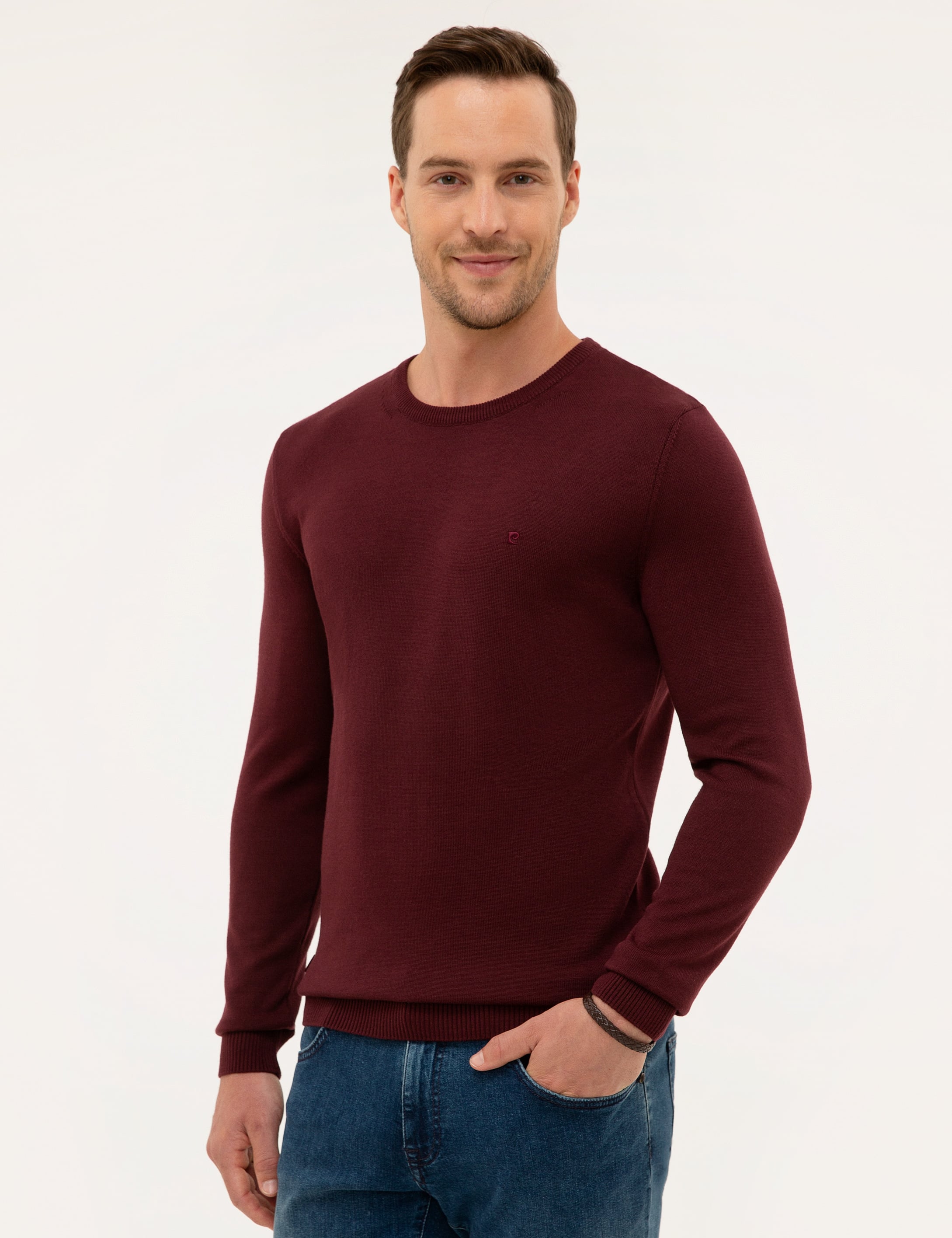 Bordo Slim Fit Bisiklet Yaka Basic Triko Kazak