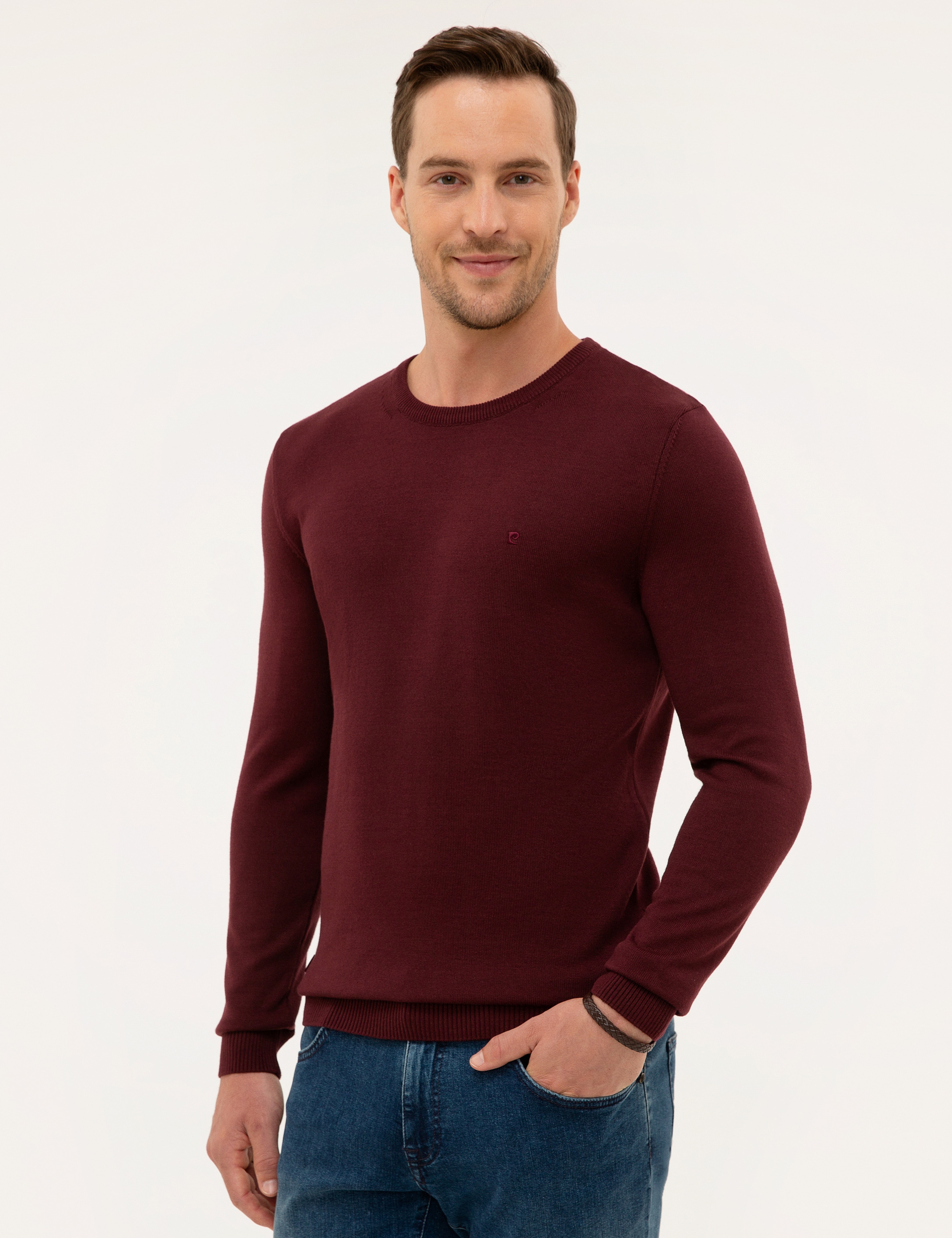 Bordo Slim Fit Bisiklet Yaka Basic Triko Kazak - Image 3