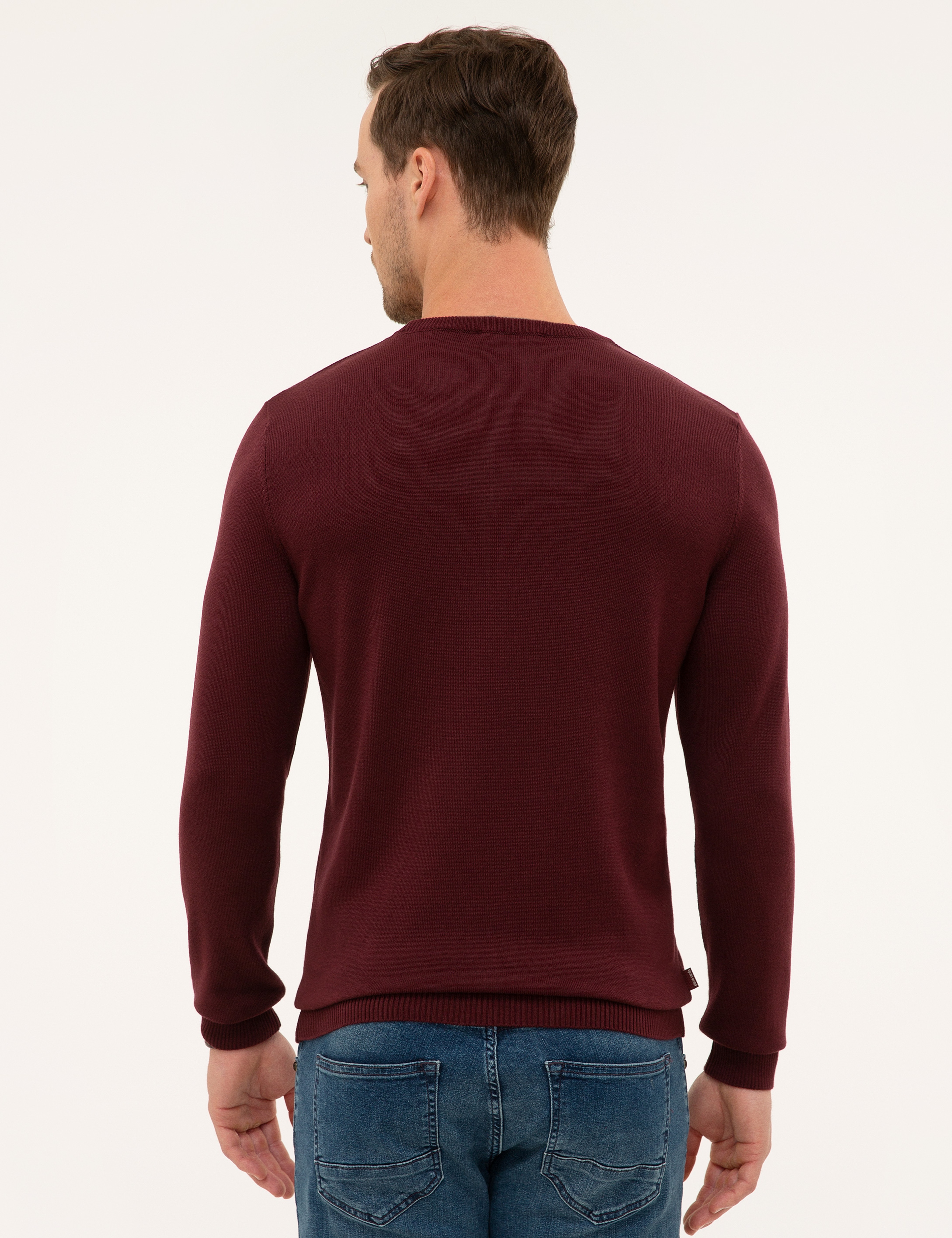 Bordo Slim Fit Bisiklet Yaka Basic Triko Kazak - Image 4