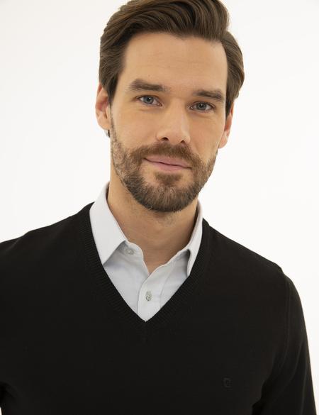 Siyah Slim Fit V Yaka Basic Triko Kazak - 50229214006