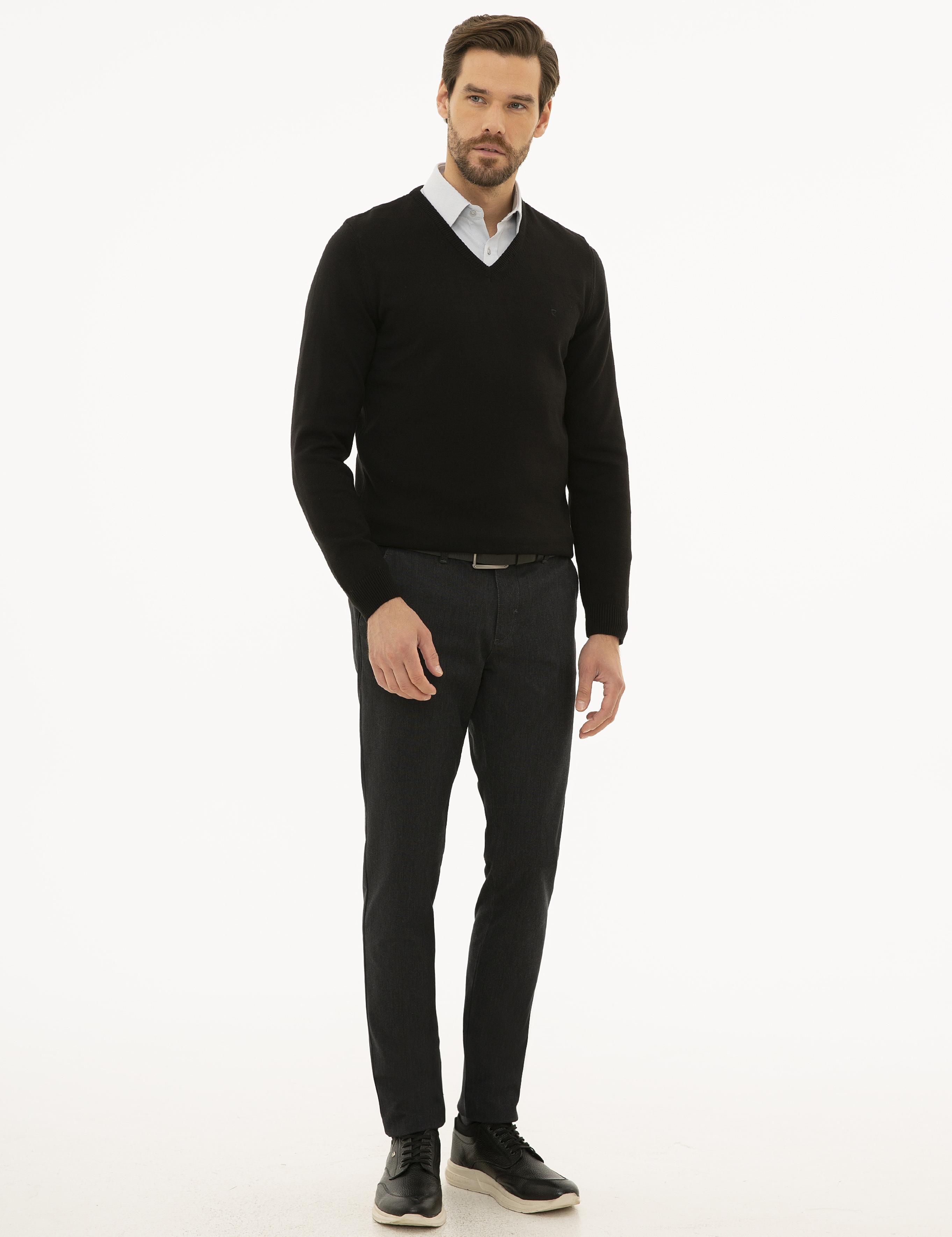 Siyah Slim Fit V Yaka Basic Triko Kazak