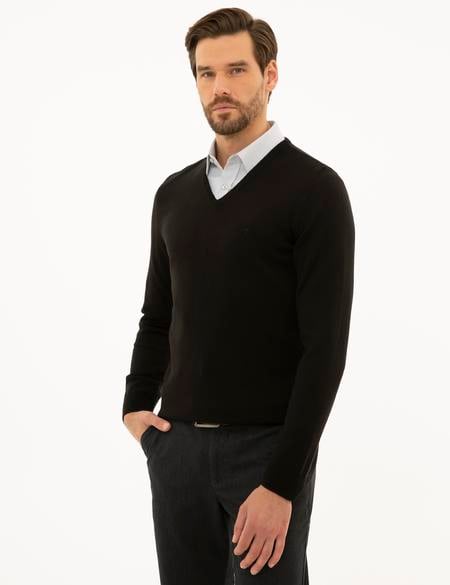 Siyah Slim Fit V Yaka Basic Triko Kazak - 50229214006