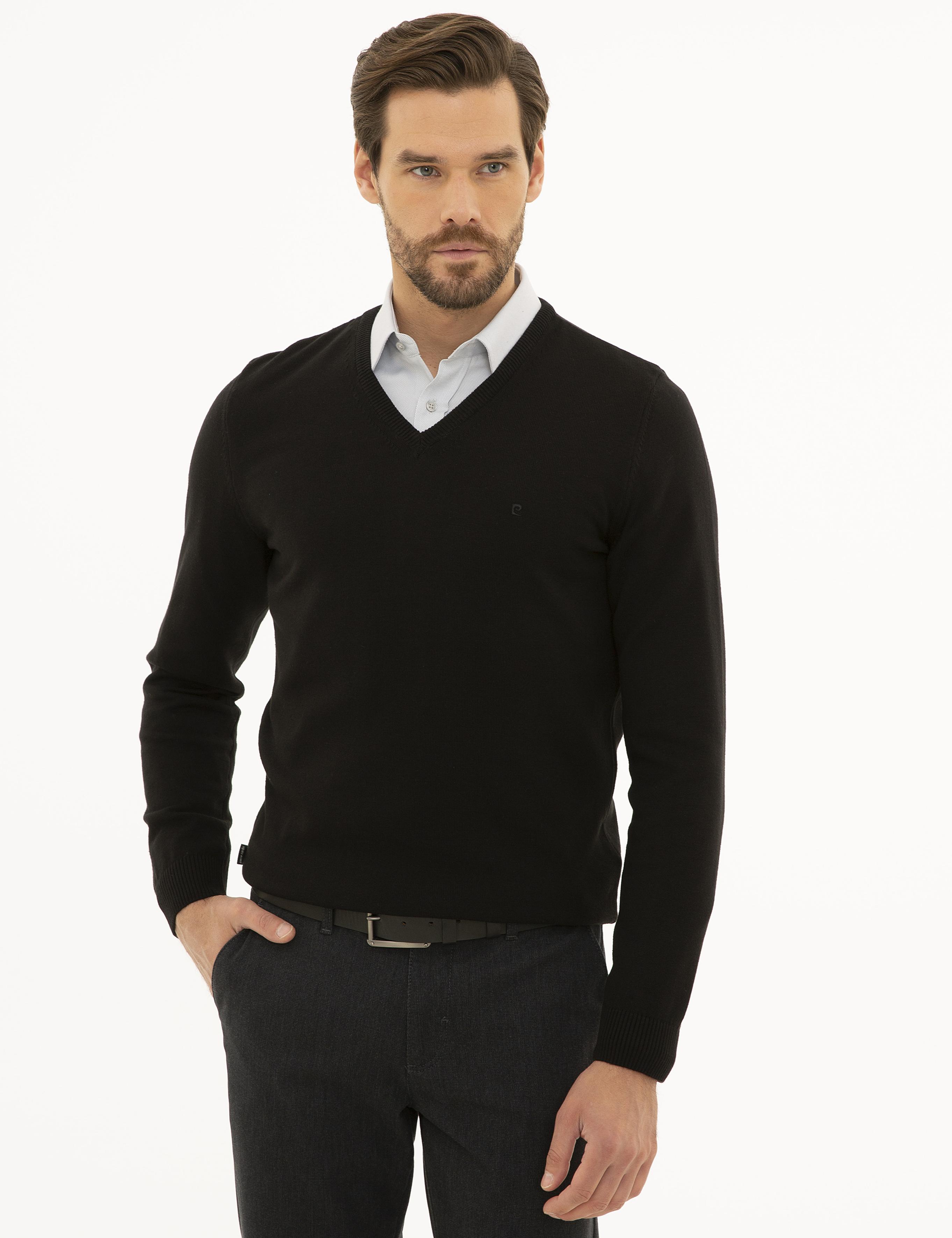 Siyah Slim Fit V Yaka Basic Triko Kazak