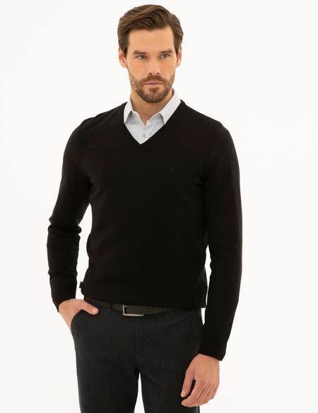 Siyah Slim Fit V Yaka Basic Triko Kazak - 50229214006