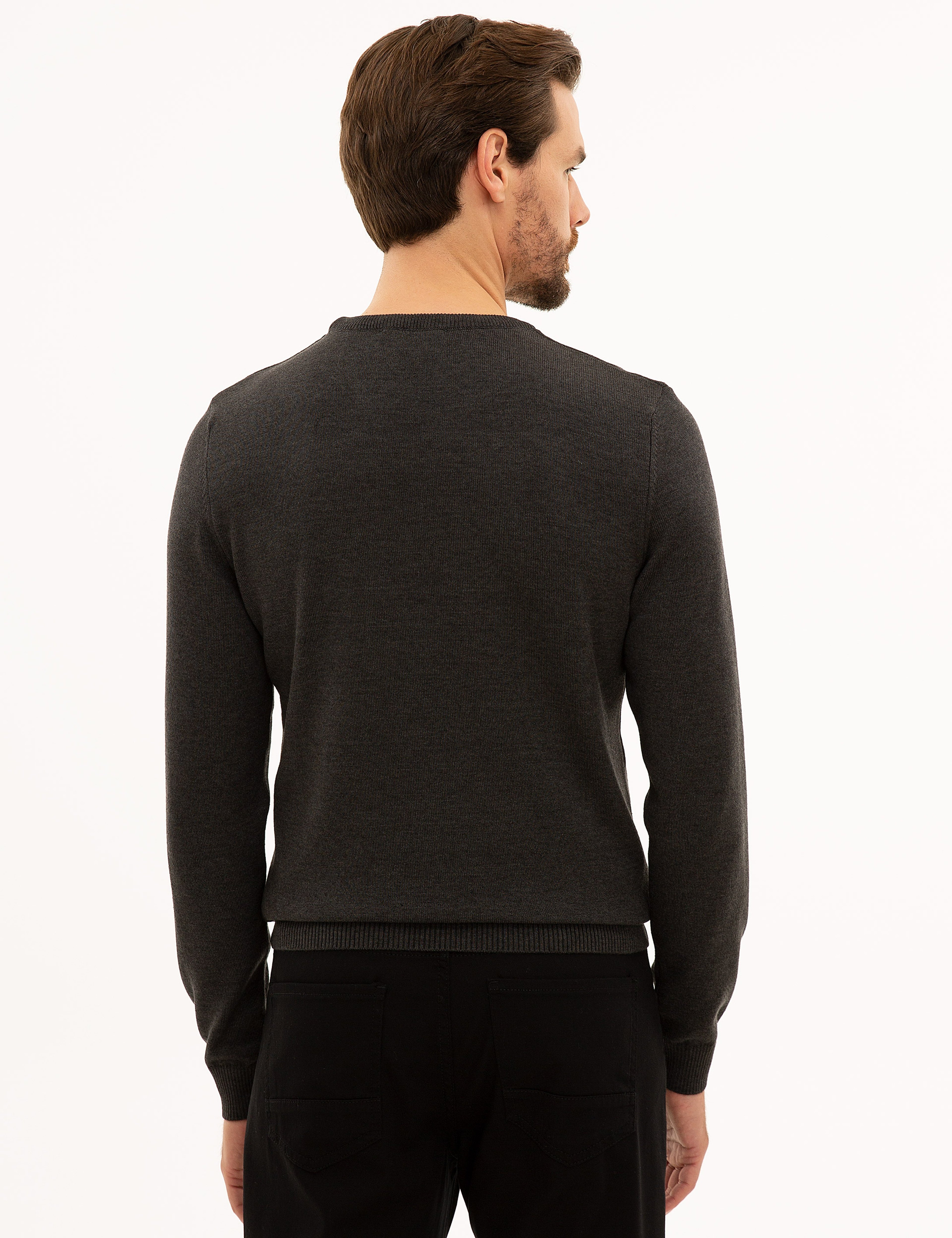 Antrasit Melanj Slim Fit Bisiklet Yaka Basic Triko Kazak - Image 4