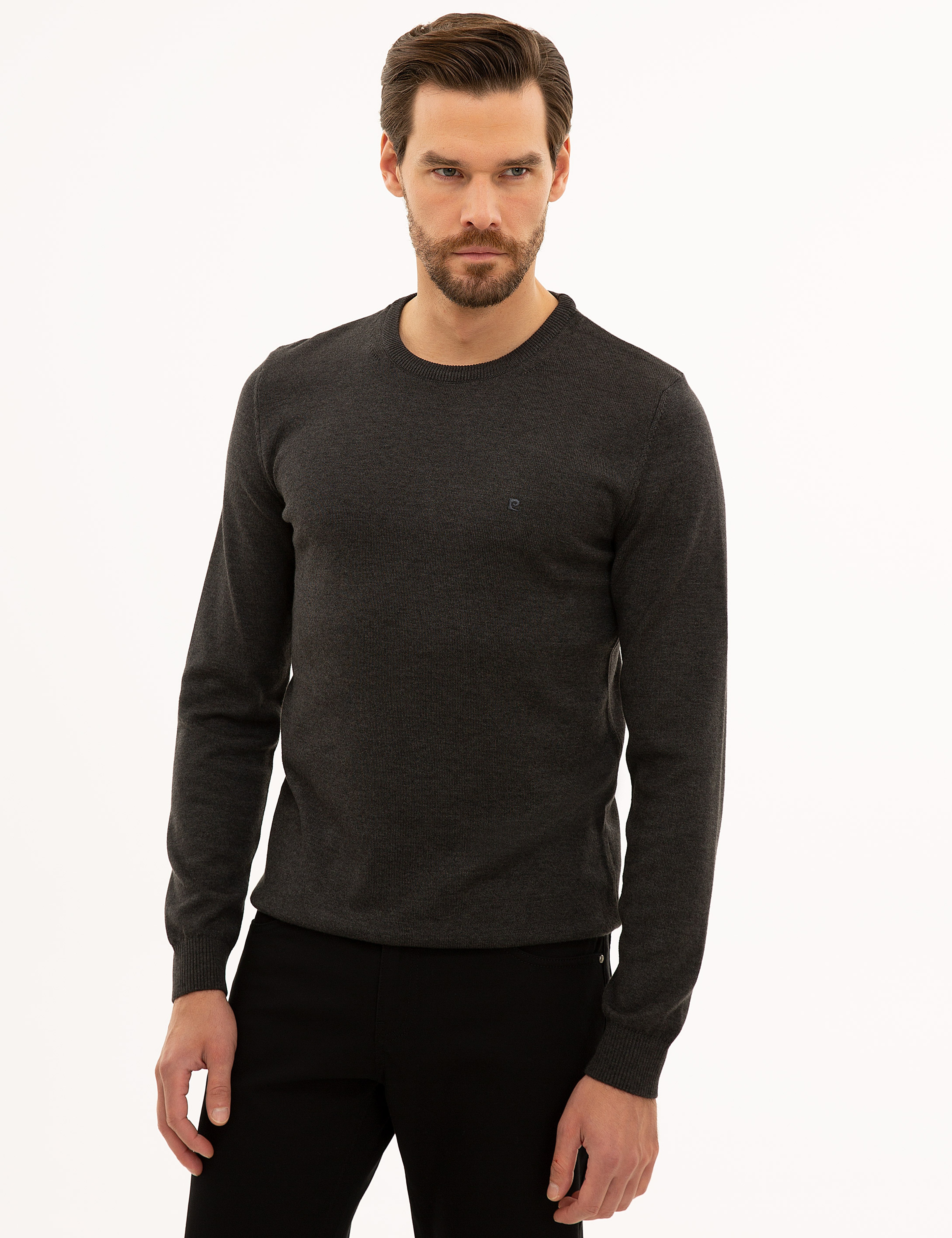 Antrasit Melanj Slim Fit Bisiklet Yaka Basic Triko Kazak - Image 3