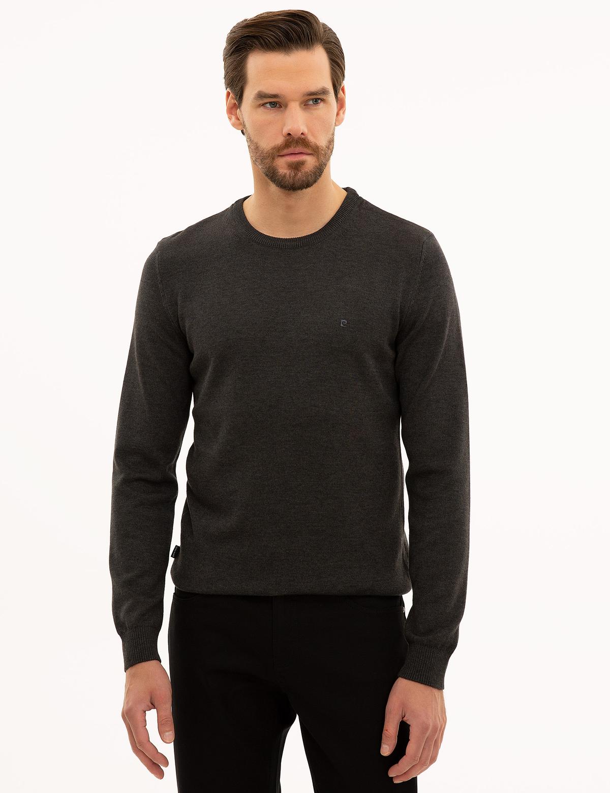 Antrasit Melanj Slim Fit Bisiklet Yaka Basic Triko Kazak