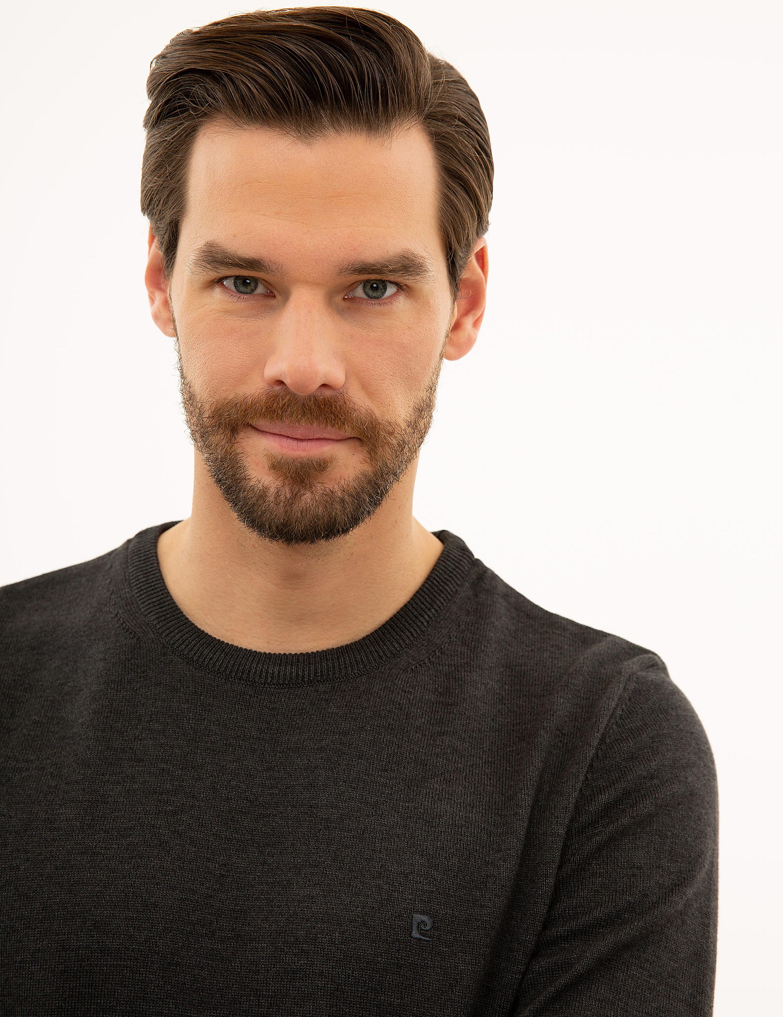 Antrasit Melanj Slim Fit Bisiklet Yaka Basic Triko Kazak