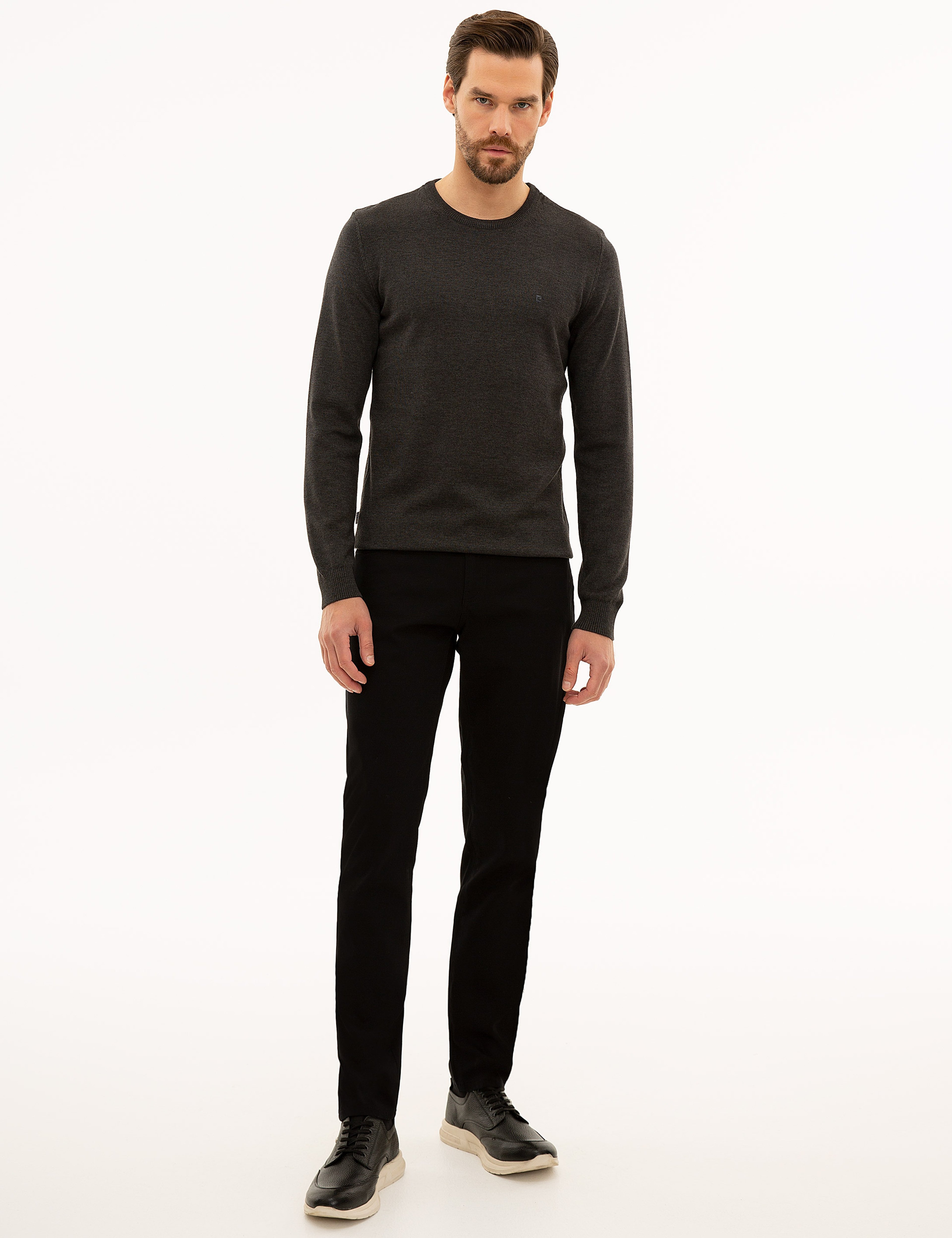 Antrasit Melanj Slim Fit Bisiklet Yaka Basic Triko Kazak - Image 5