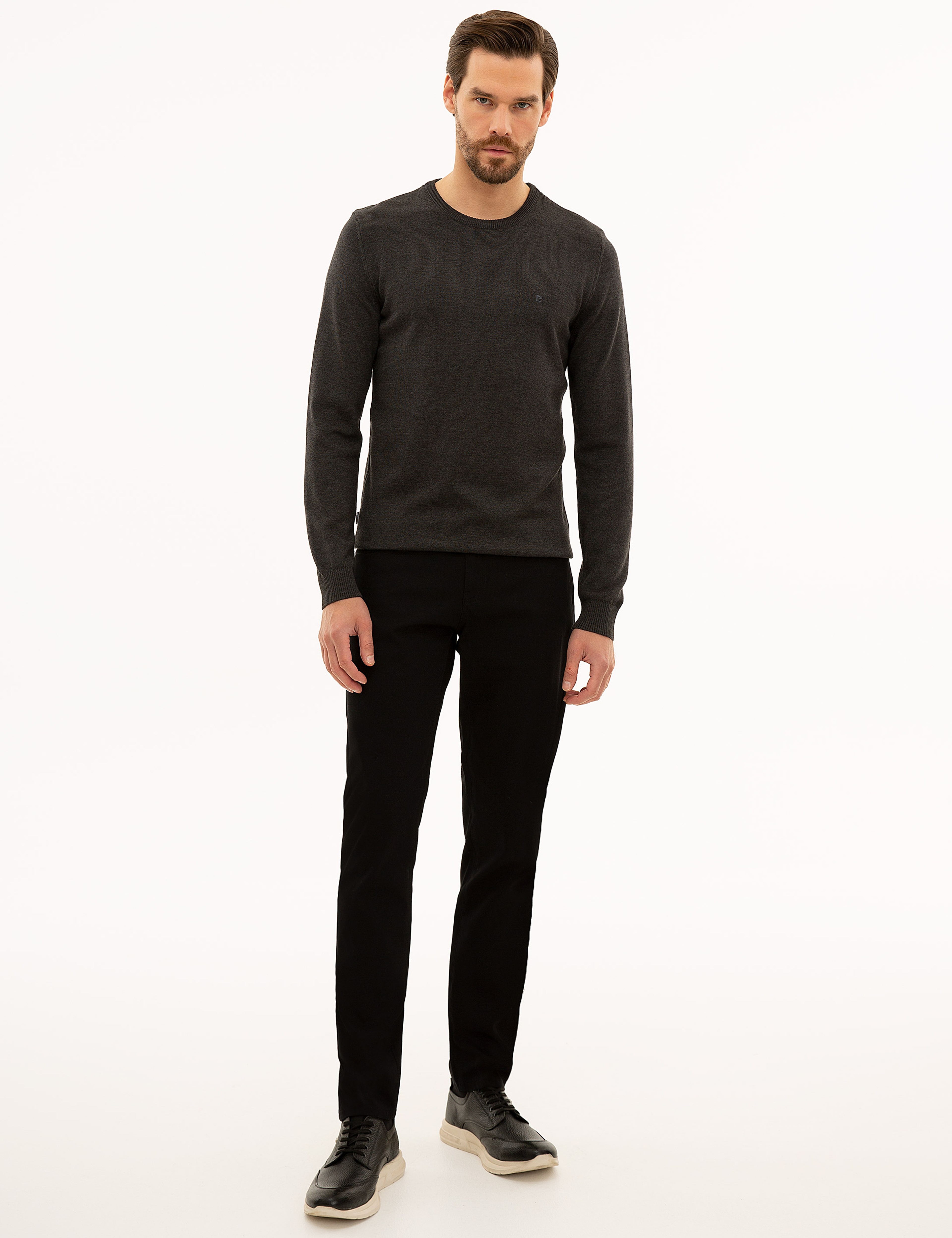 Antrasit Melanj Slim Fit Bisiklet Yaka Basic Triko Kazak
