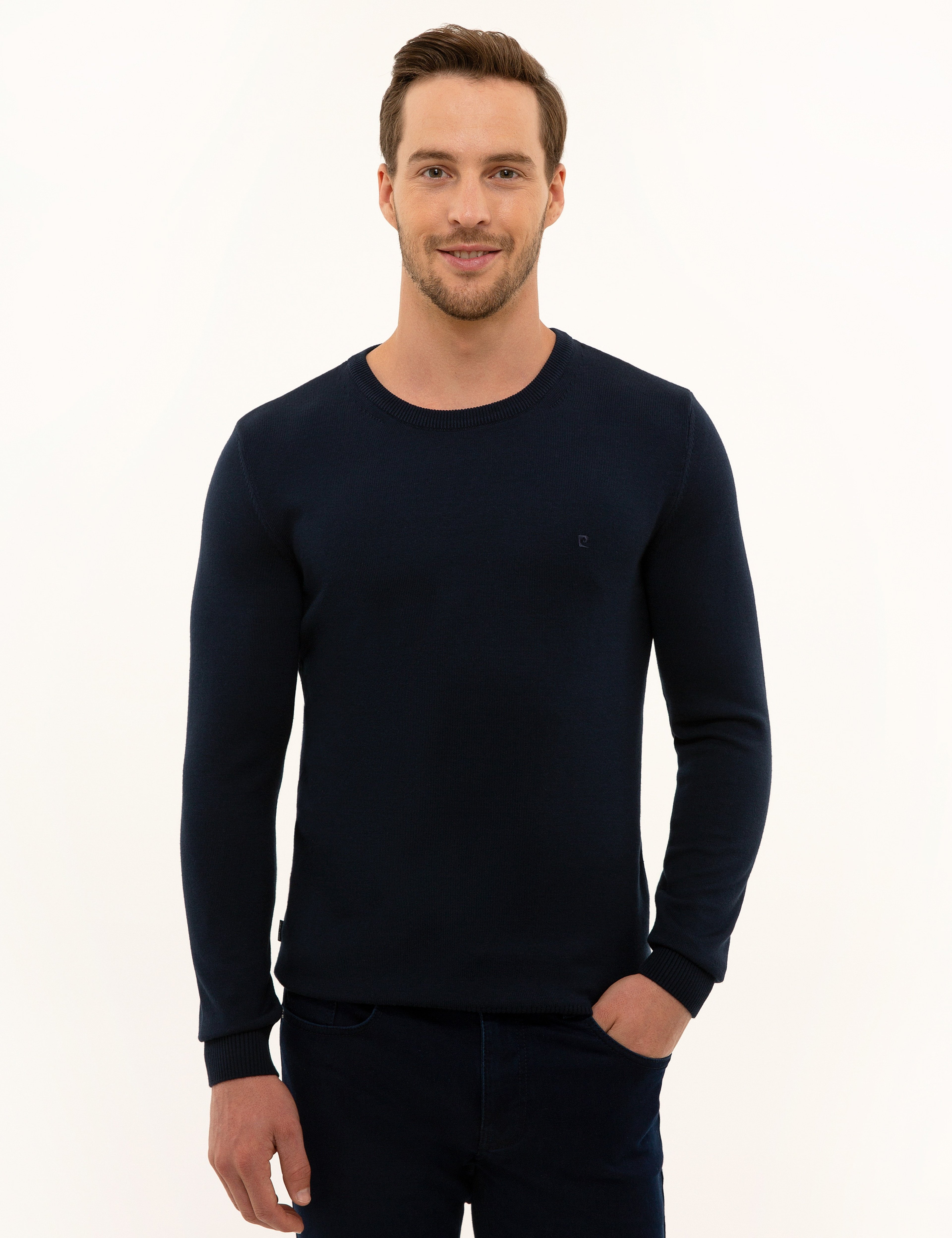 Lacivert Slim Fit Bisiklet Yaka Basic Triko Kazak - Image 1