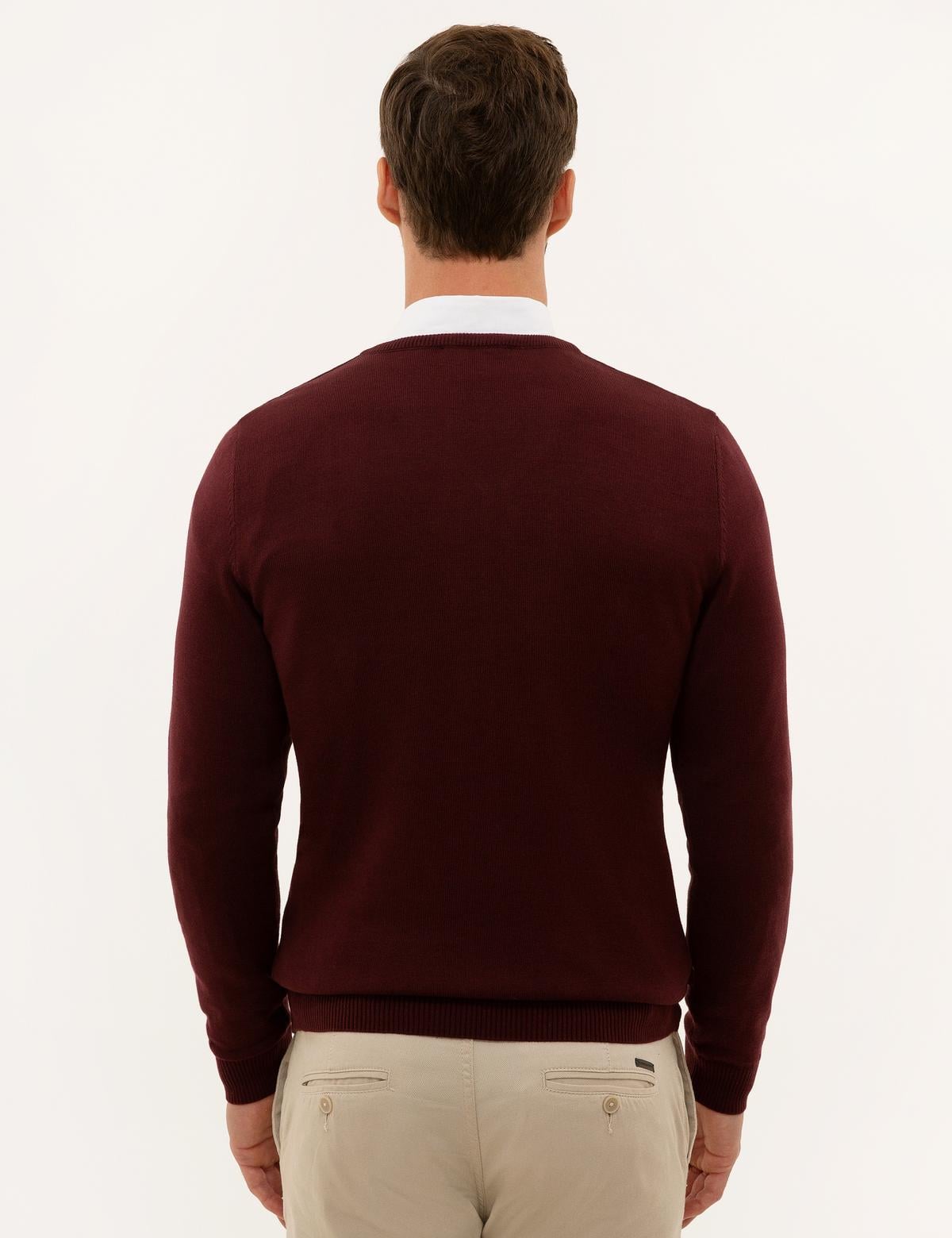 Bordo Slim Fit V Yaka Basic Triko Kazak - 50229214088