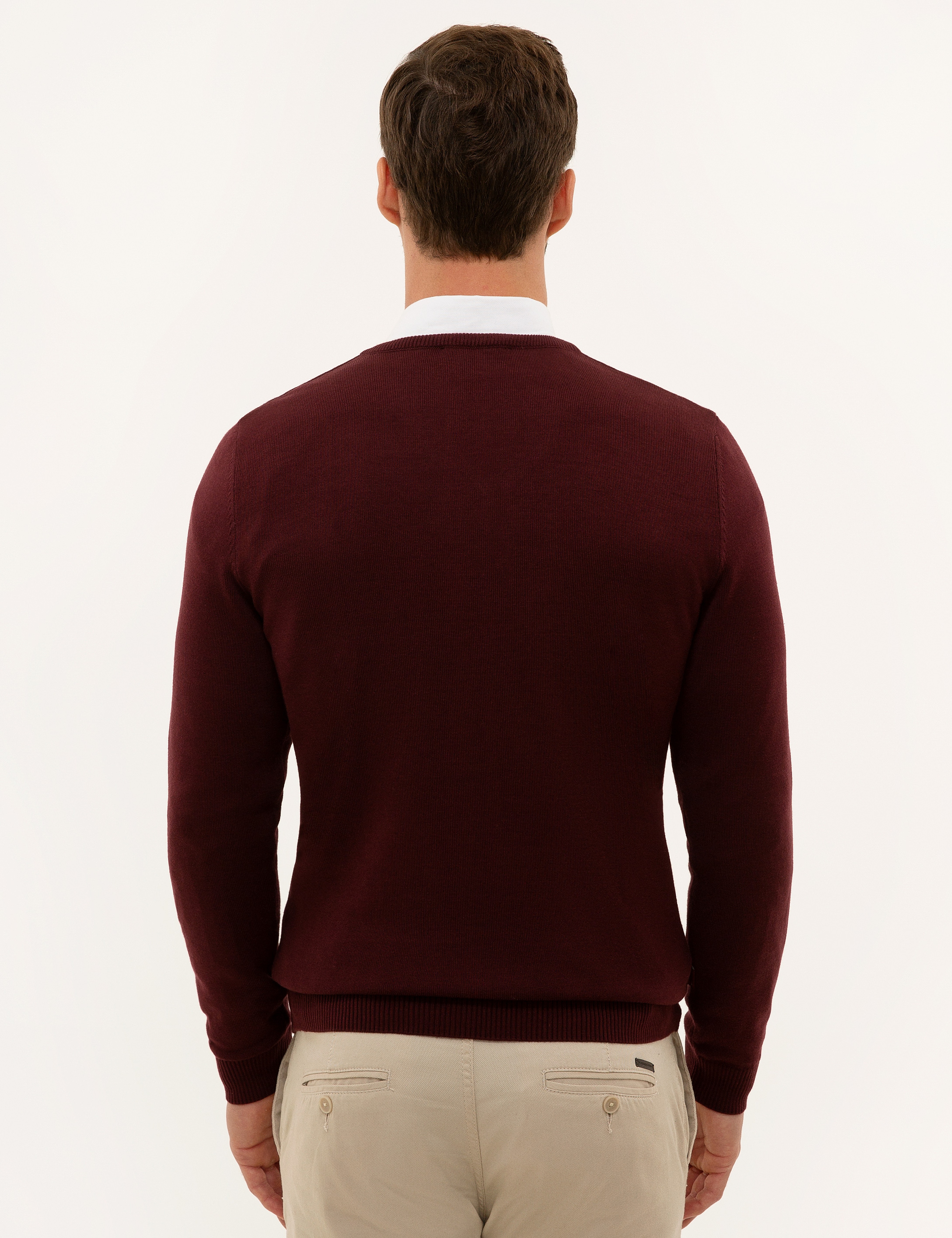 Bordo Slim Fit V Yaka Basic Triko Kazak - Image 5