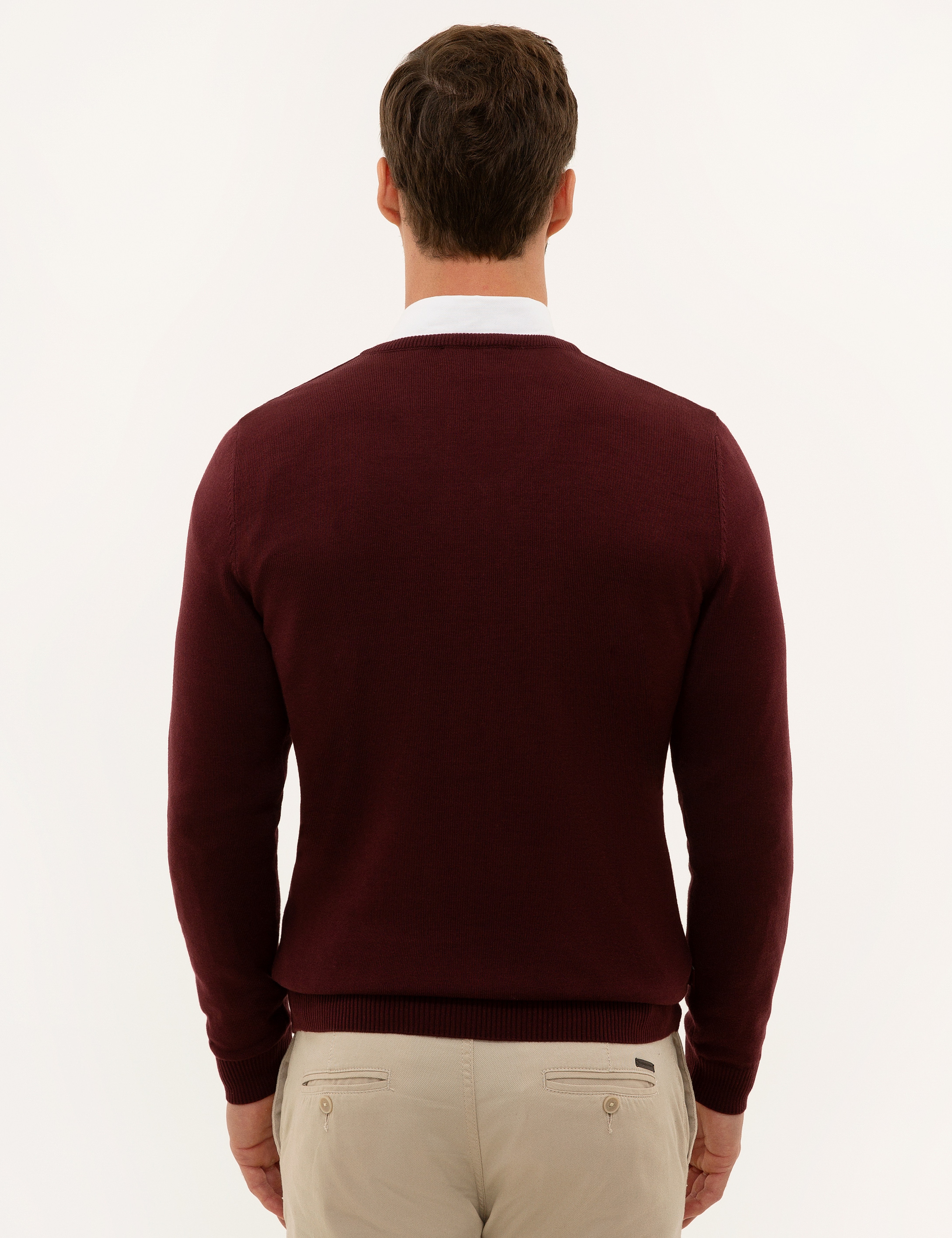 Bordo Slim Fit V Yaka Basic Triko Kazak