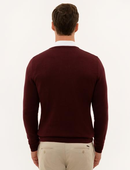 Bordo Slim Fit V Yaka Basic Triko Kazak - 50229214088