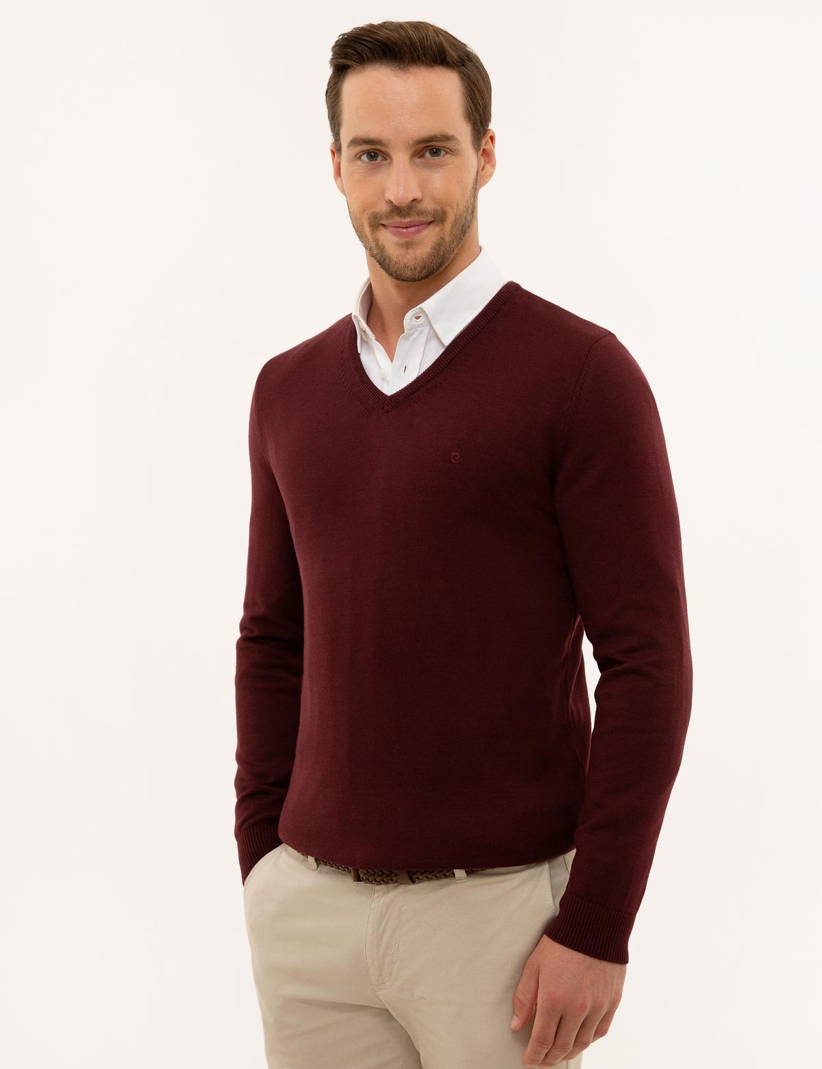 Bordo Slim Fit V Yaka Basic Triko Kazak - 50229214088