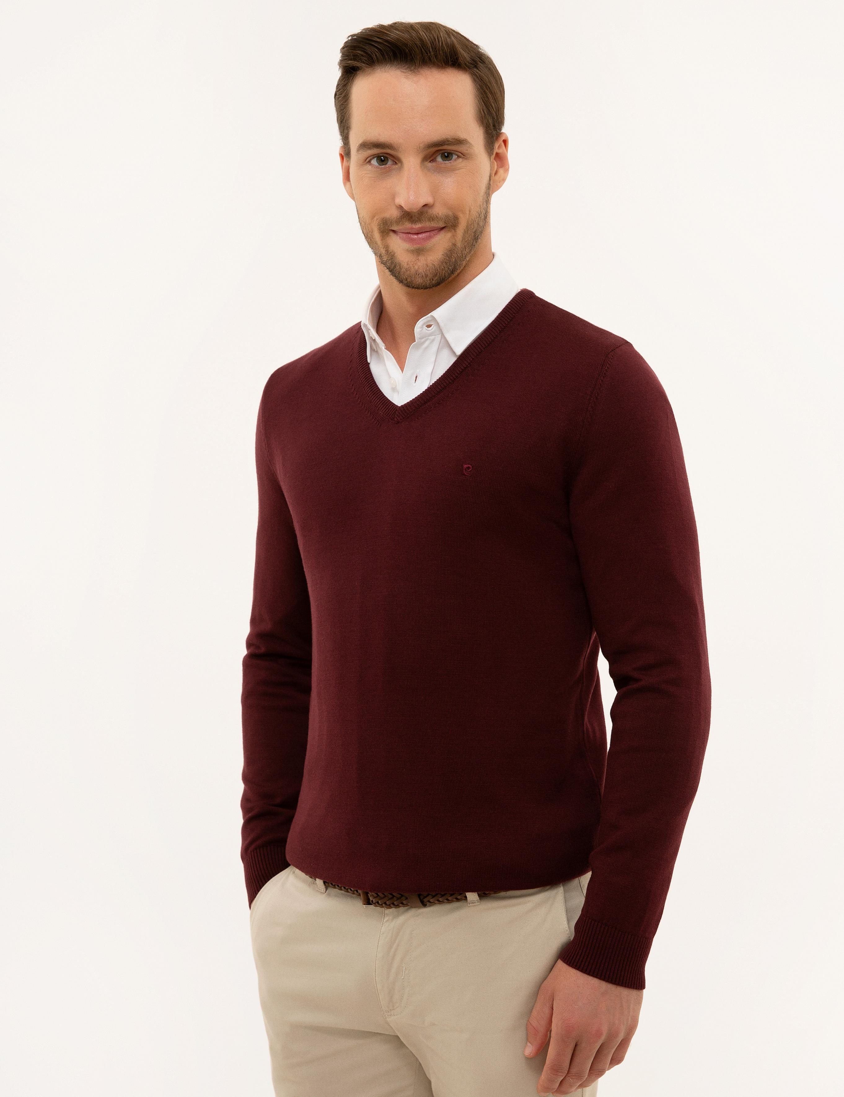 Bordo Slim Fit V Yaka Basic Triko Kazak