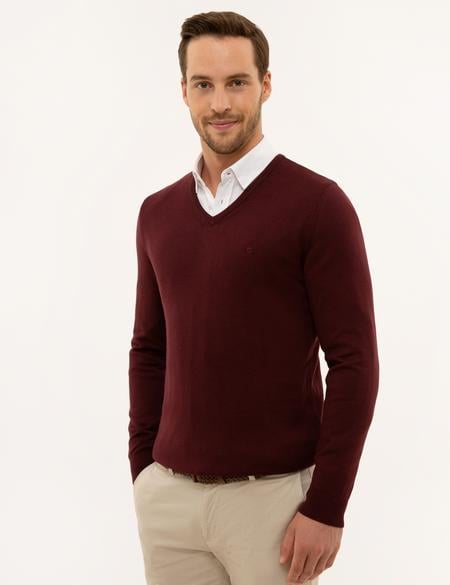 Bordo Slim Fit V Yaka Basic Triko Kazak - 50229214088