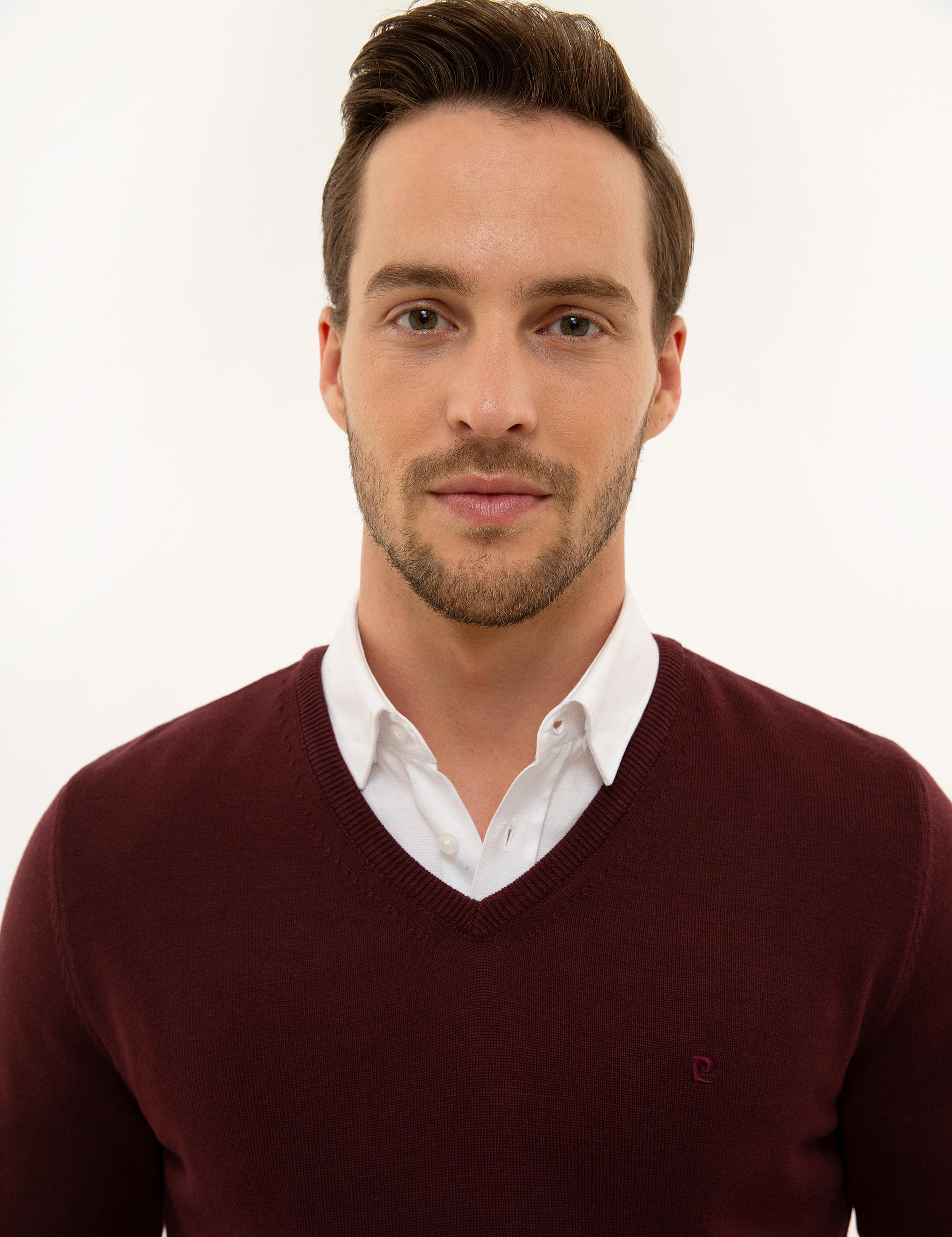 Bordo Slim Fit V Yaka Basic Triko Kazak