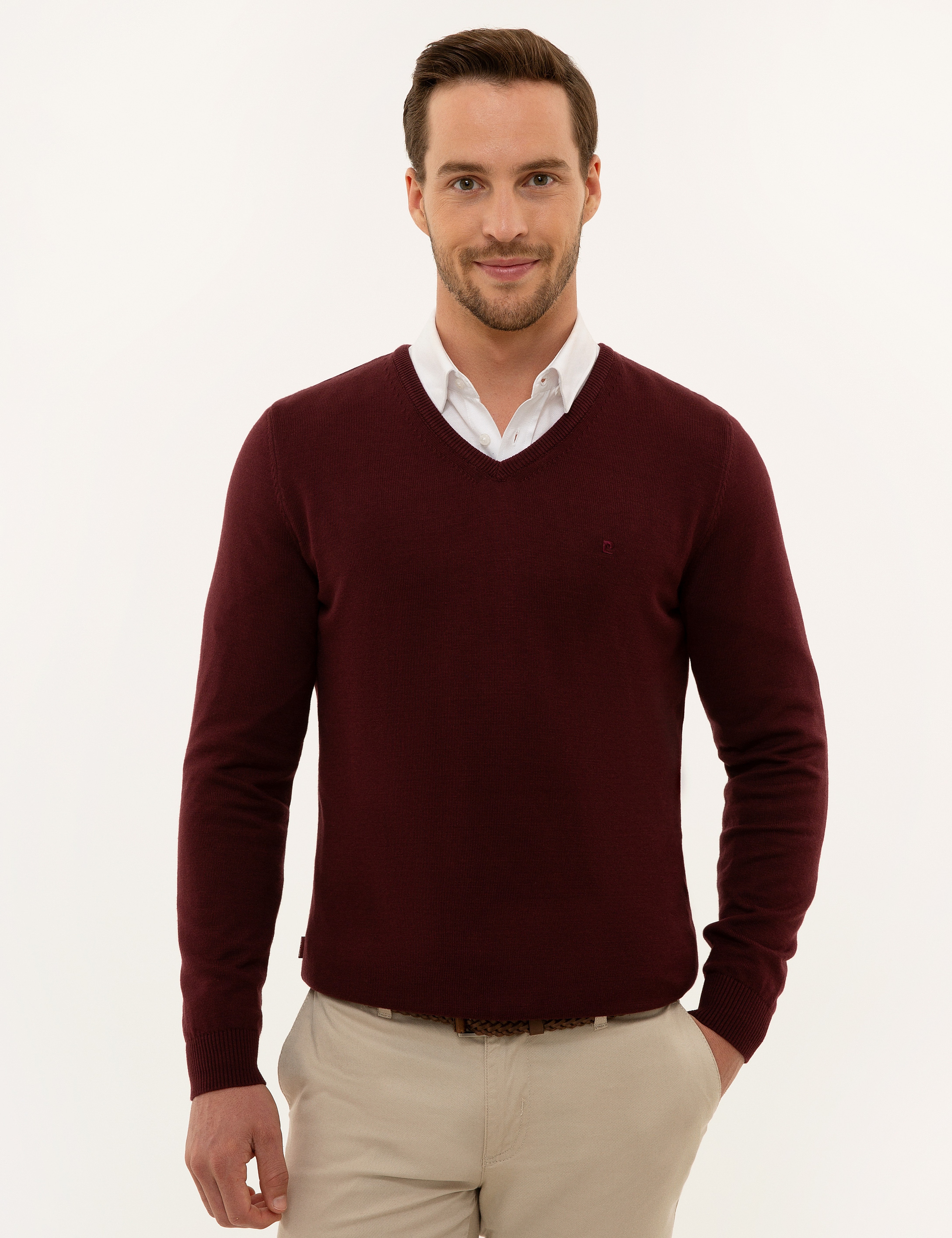 Bordo Slim Fit V Yaka Basic Triko Kazak