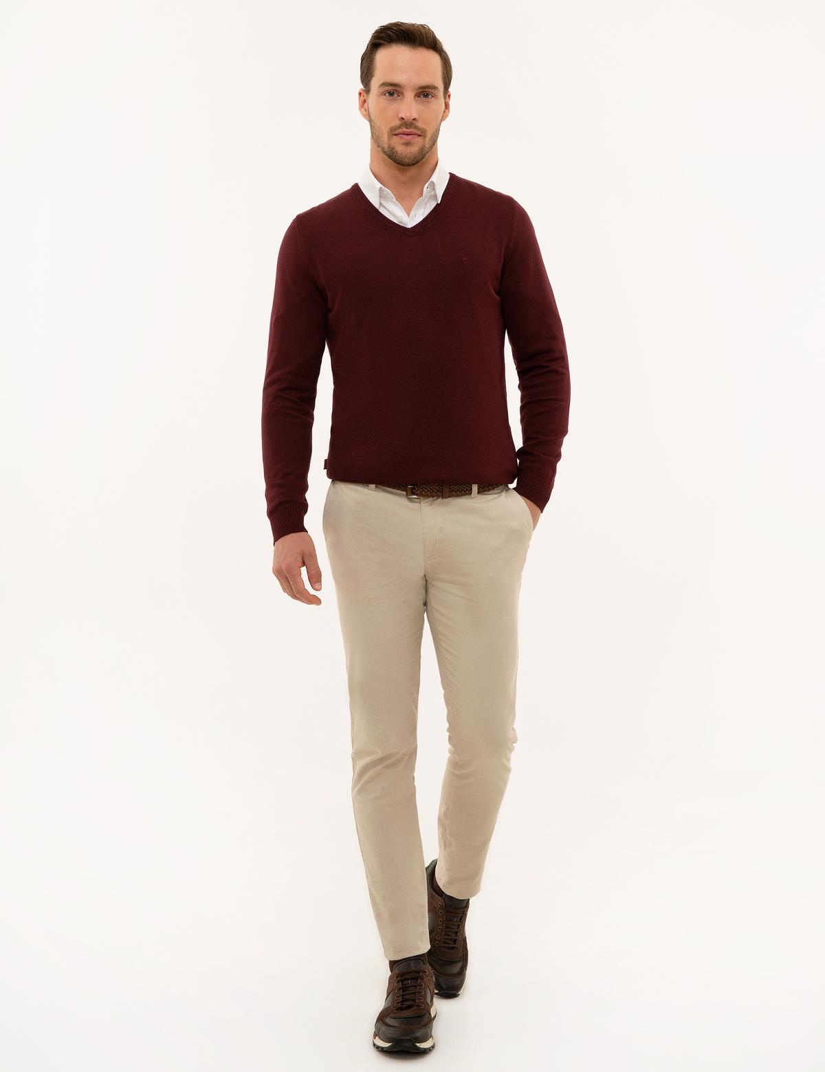 Bordo Slim Fit V Yaka Basic Triko Kazak - 50229214088