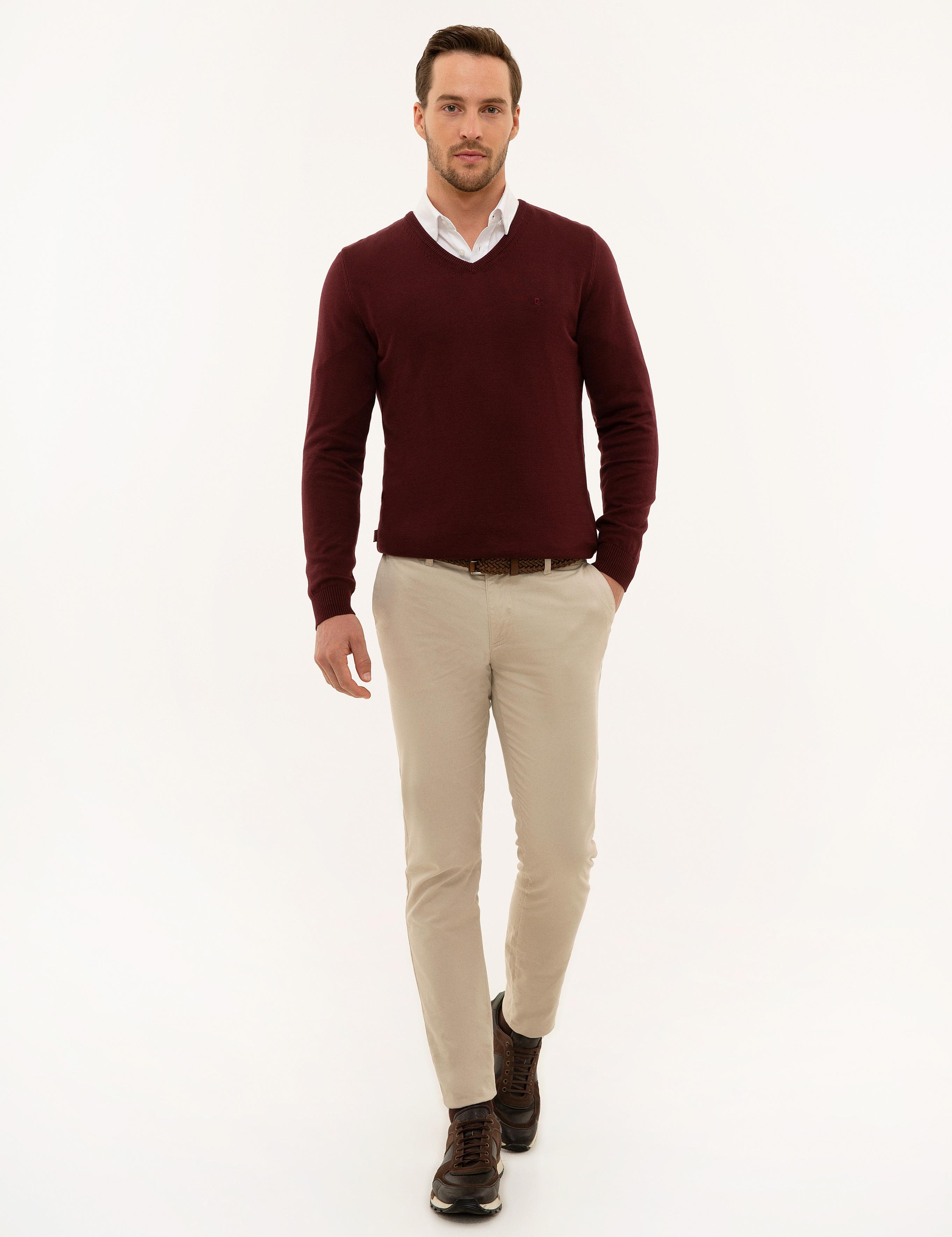 Bordo Slim Fit V Yaka Basic Triko Kazak
